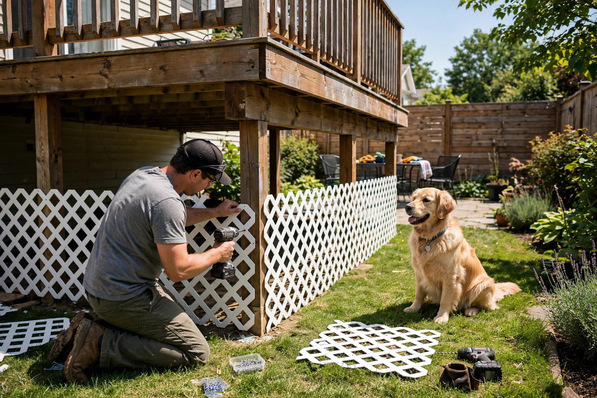 Person installing lattice skirting around the base of a wooden deck