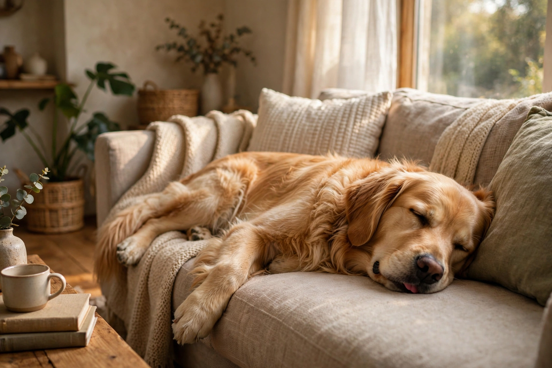 Golden retriever sleeping deeply on a couch with tongue tip slightly sticking out