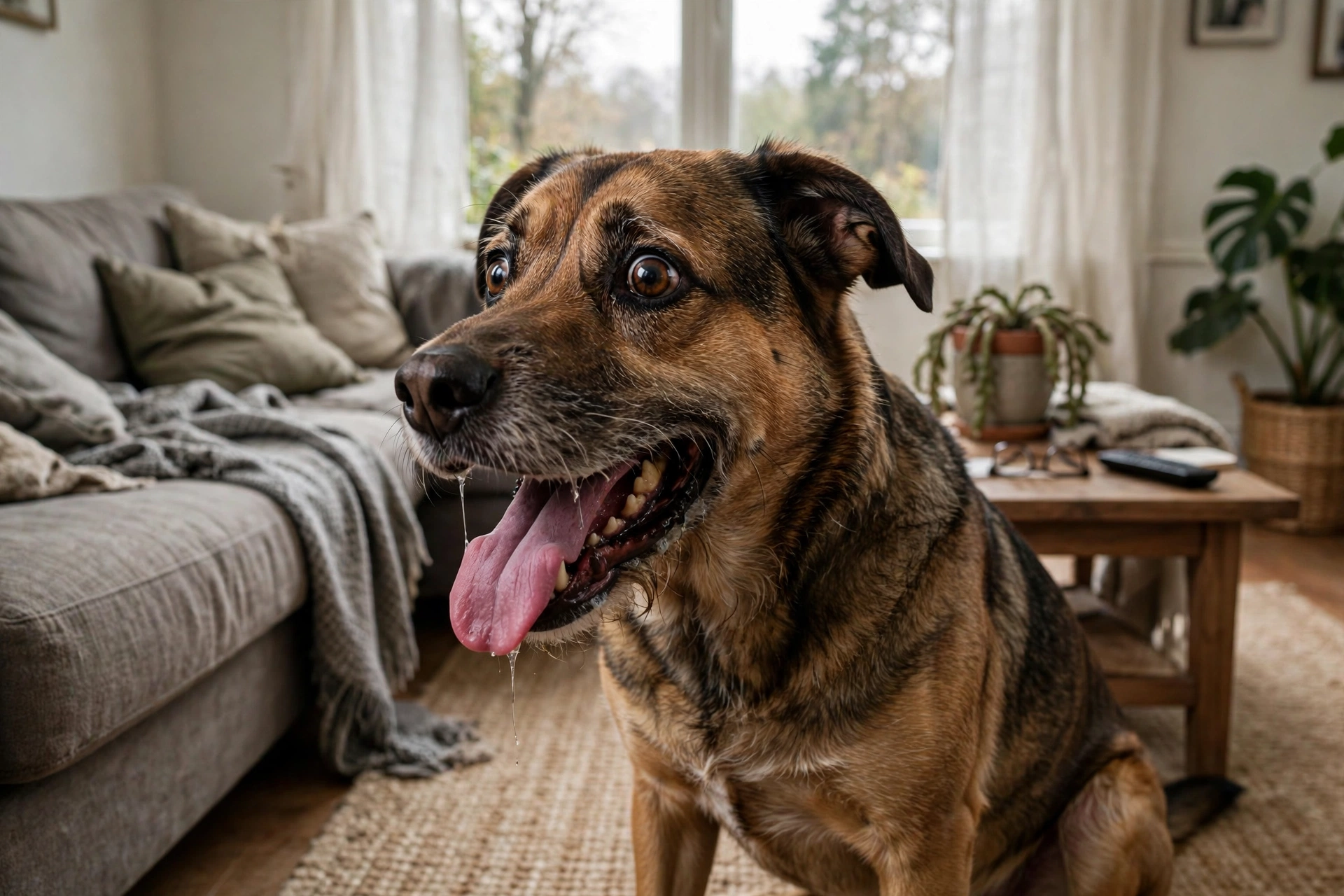 Anxious dog panting heavily with tongue out in a living room