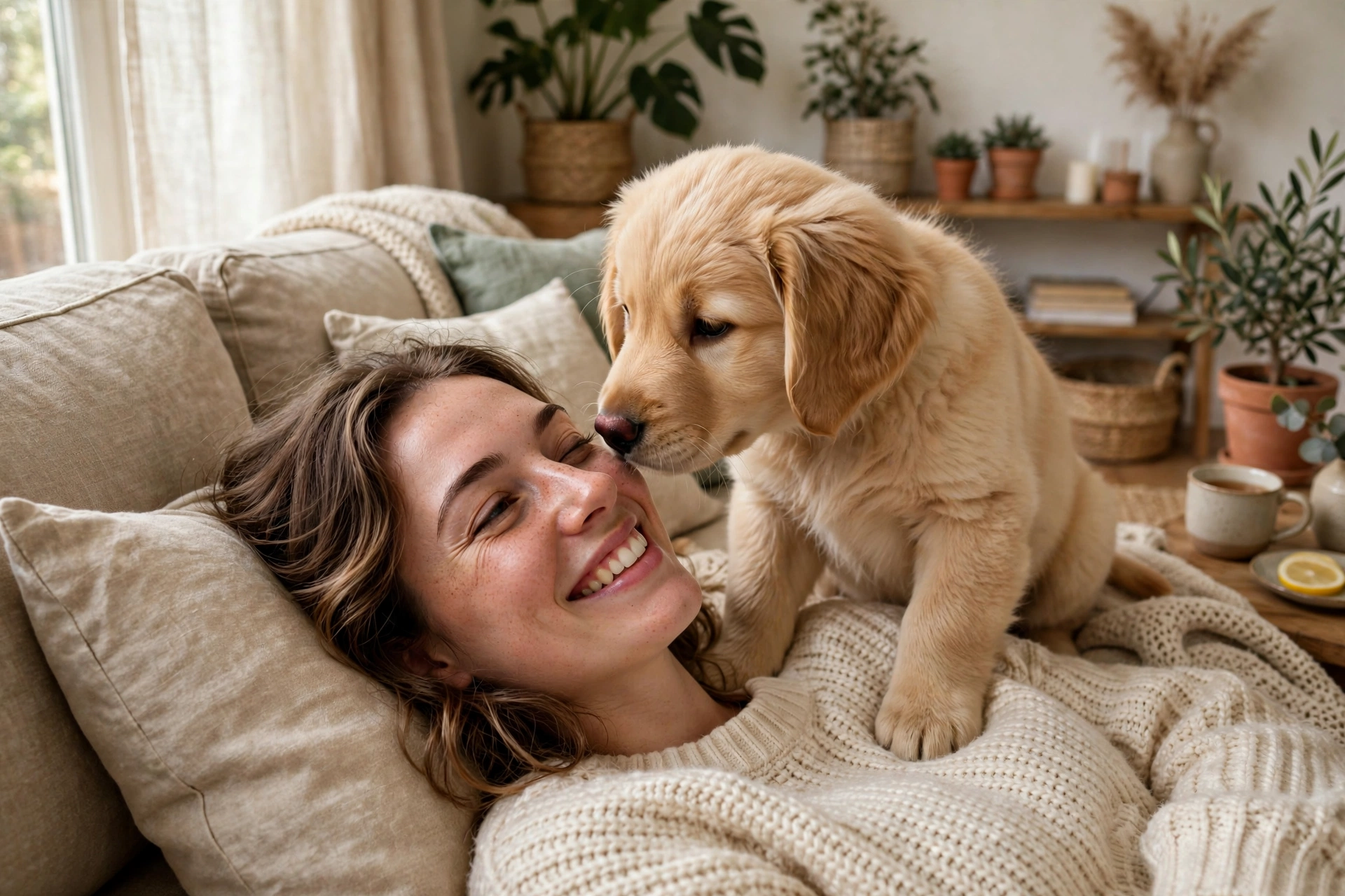 Golden retriever puppy curiously sniffing its owner's eye on the couch