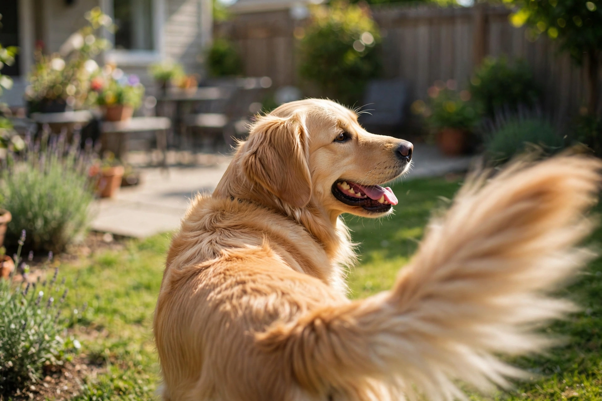Happy dog wagging tail toward the right side in a backyard
