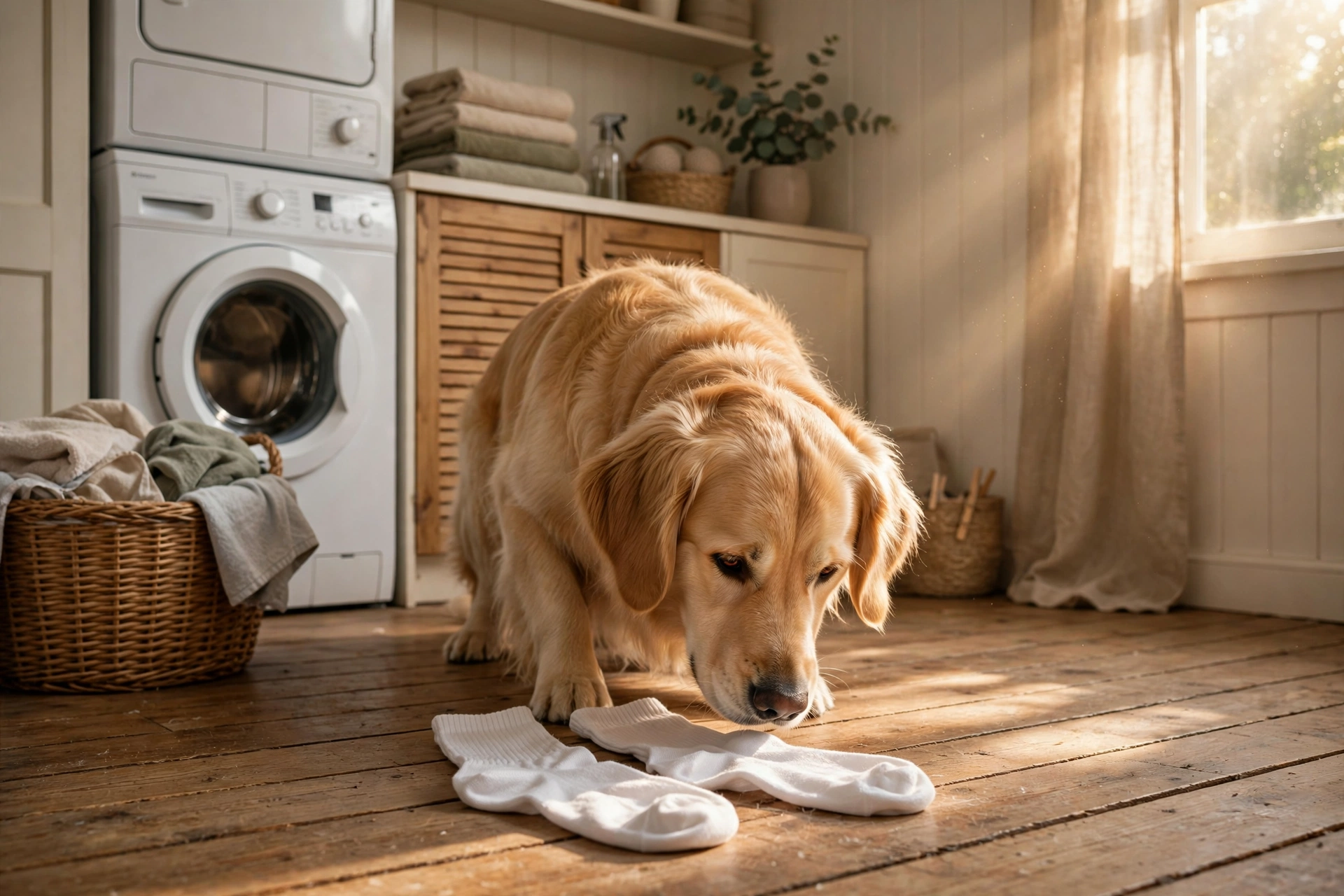 Golden retriever sniffing a pair of white socks on a laundry room floor