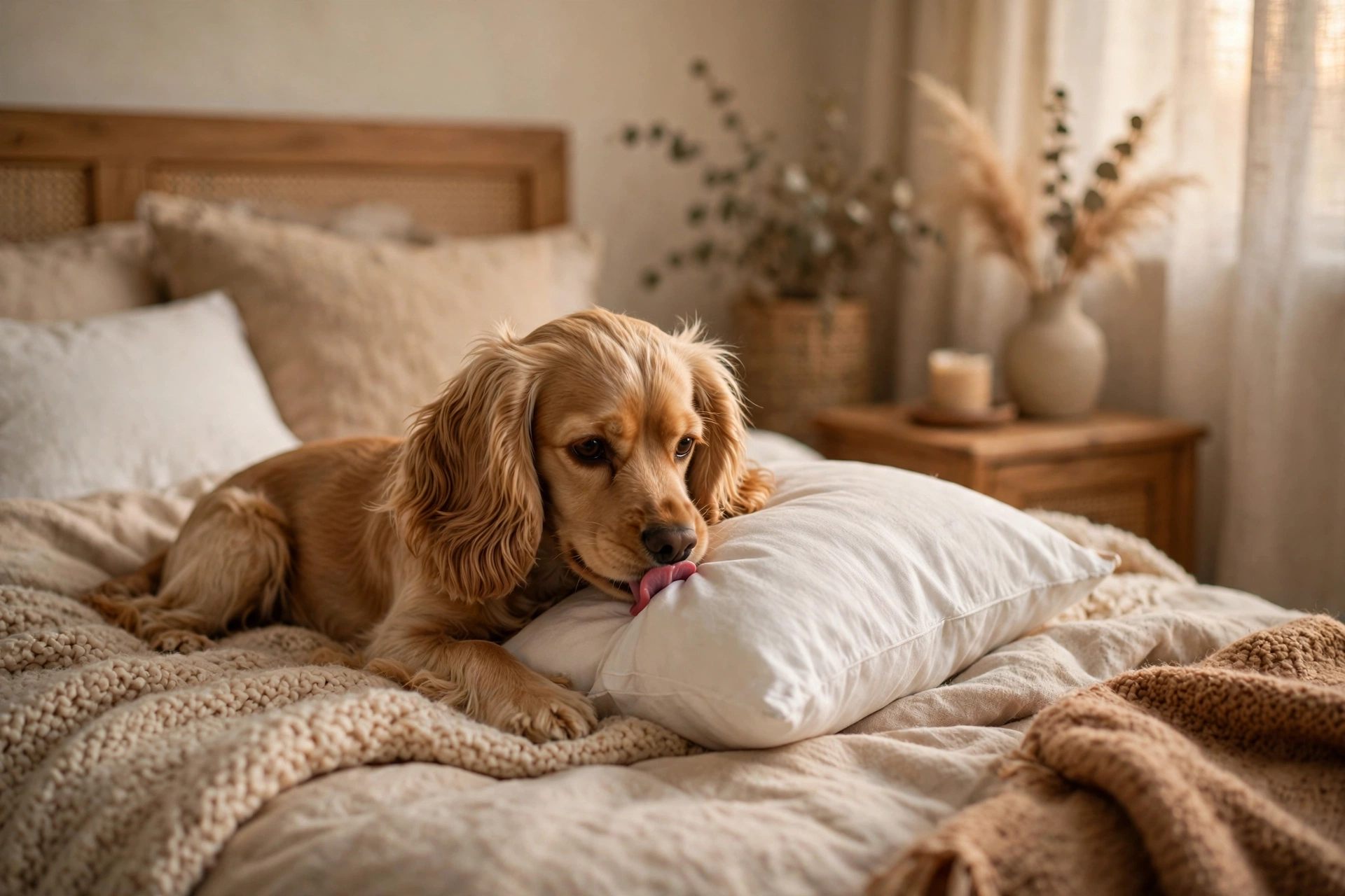 Dog licking a pillow as a self-soothing calming habit