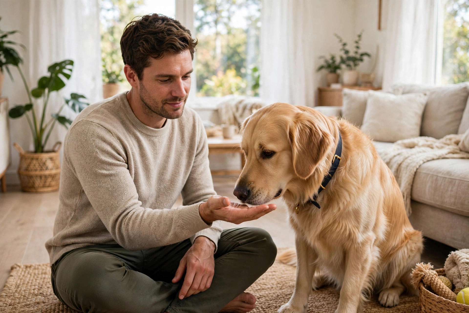 Owner teaching a dog to touch their nose to a hand target, first step of the nod yes trick