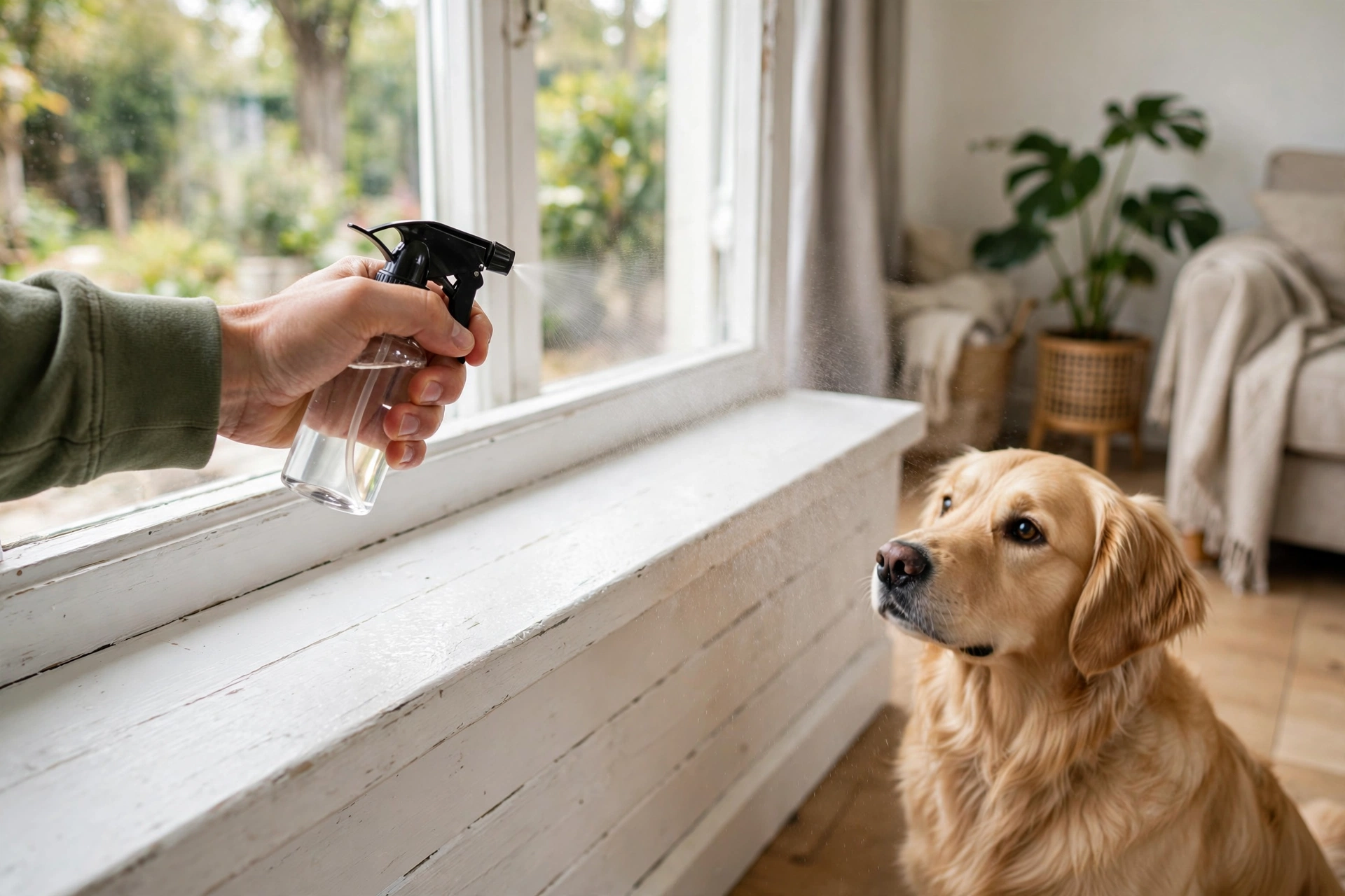 Owner spraying bitter apple deterrent spray on a window sill