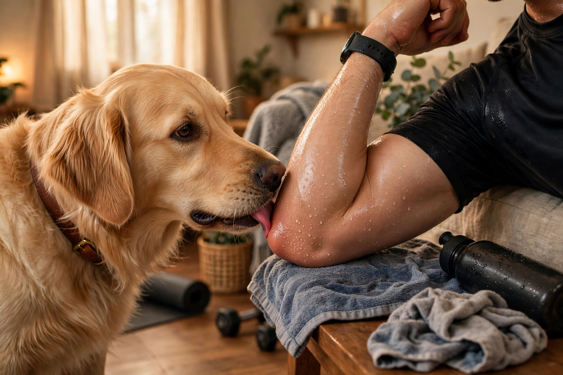 Dog licking owner's elbow because the skin tastes salty from sweat