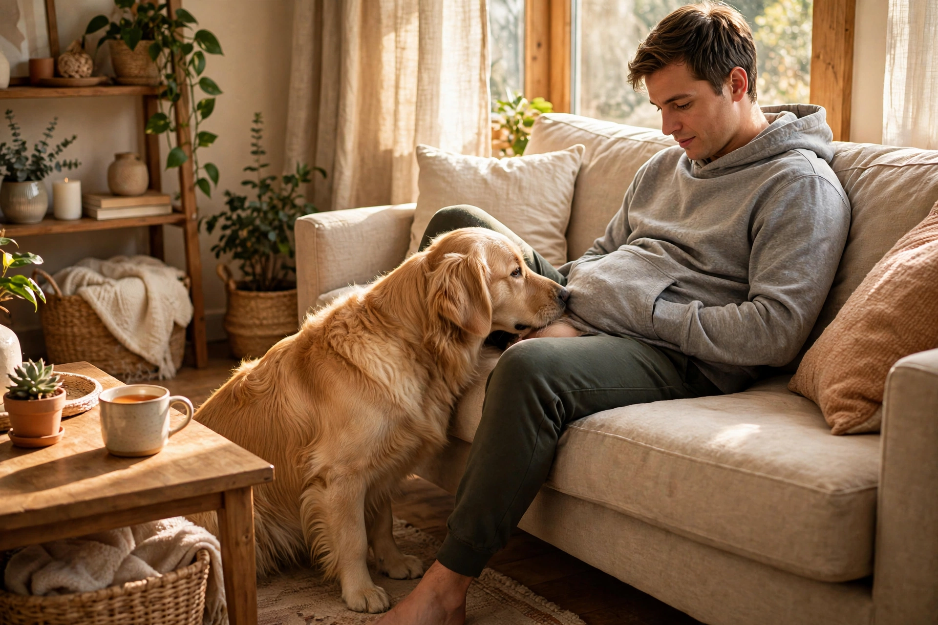 Golden retriever curiously sniffing its owner's belly on a sofa