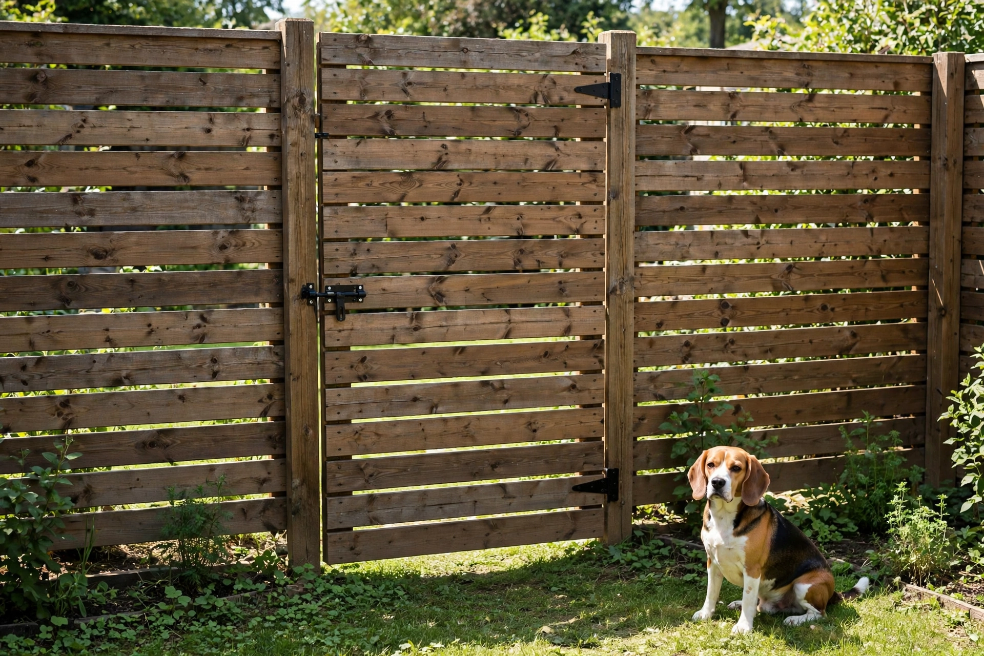 Sturdy wooden backyard fence with a closed latched gate and a beagle sitting safely inside the yard
