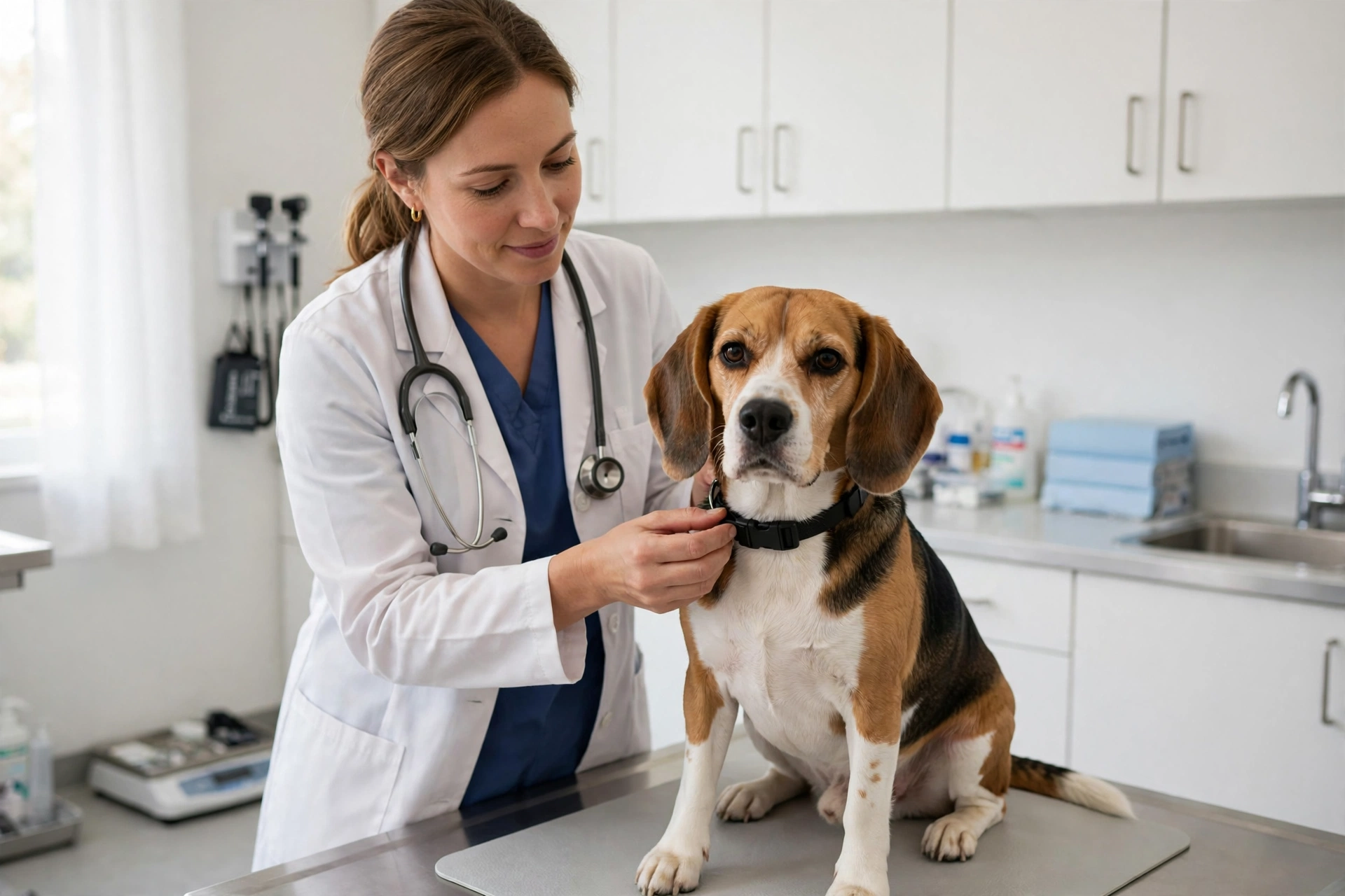 Veterinarian fitting a flea prevention collar on a calm beagle in a bright vet clinic