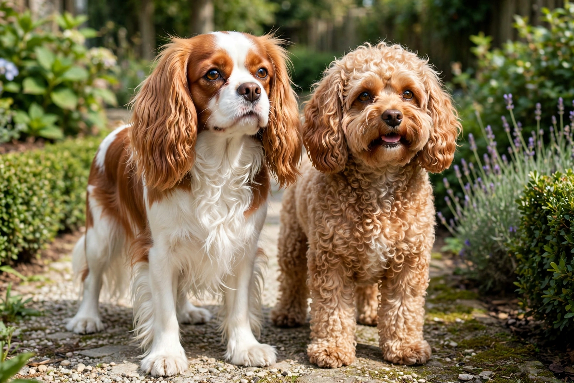 Cavalier King Charles Spaniel and curly-coated Cavapoo standing side by side for size comparison