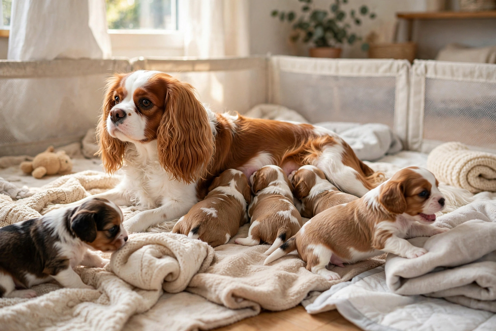Cavalier King Charles Spaniel puppies with their mother in a clean, bright home breeding environment