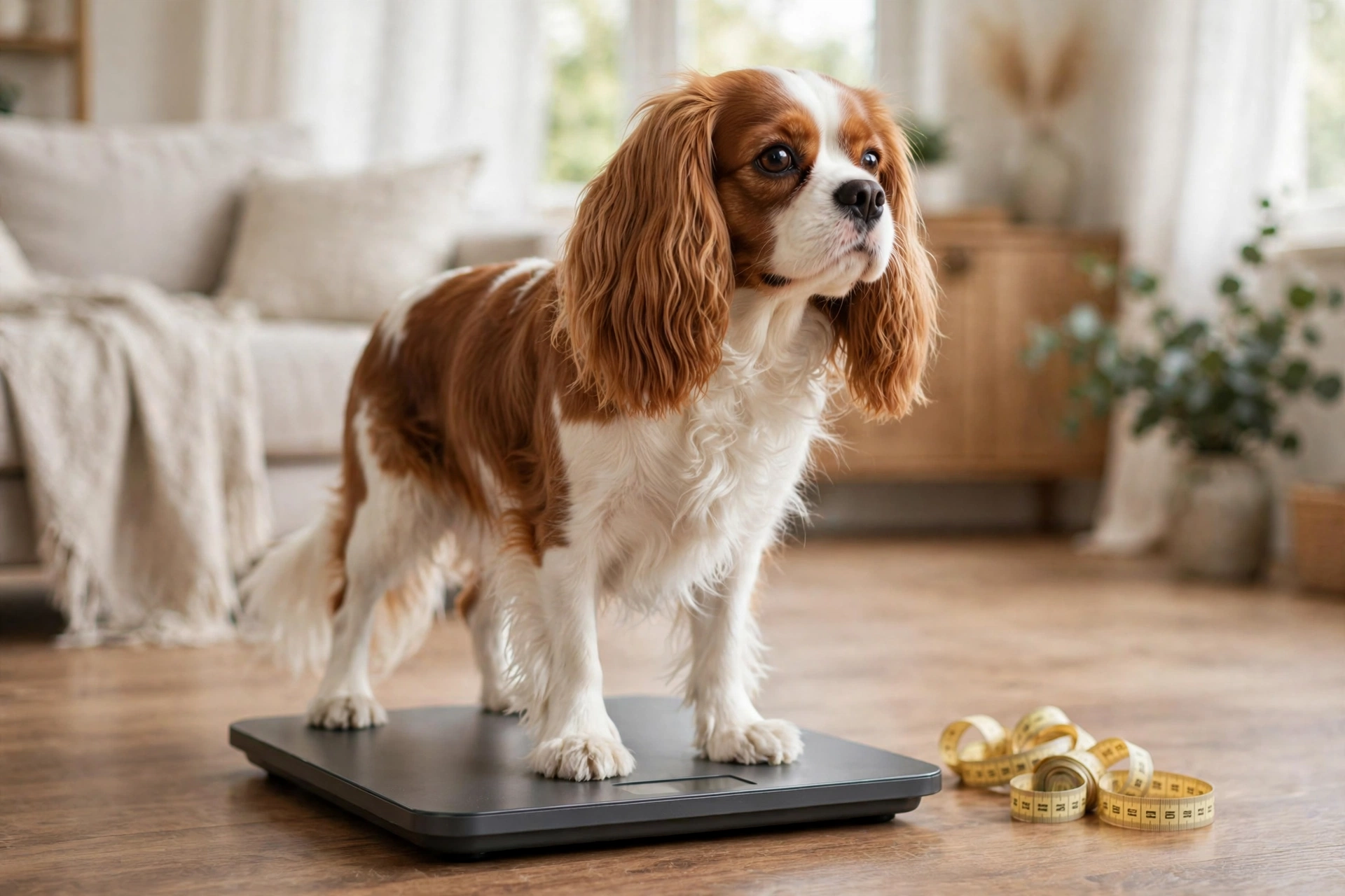 Cavalier King Charles Spaniel standing on a digital pet scale with a measuring tape beside it