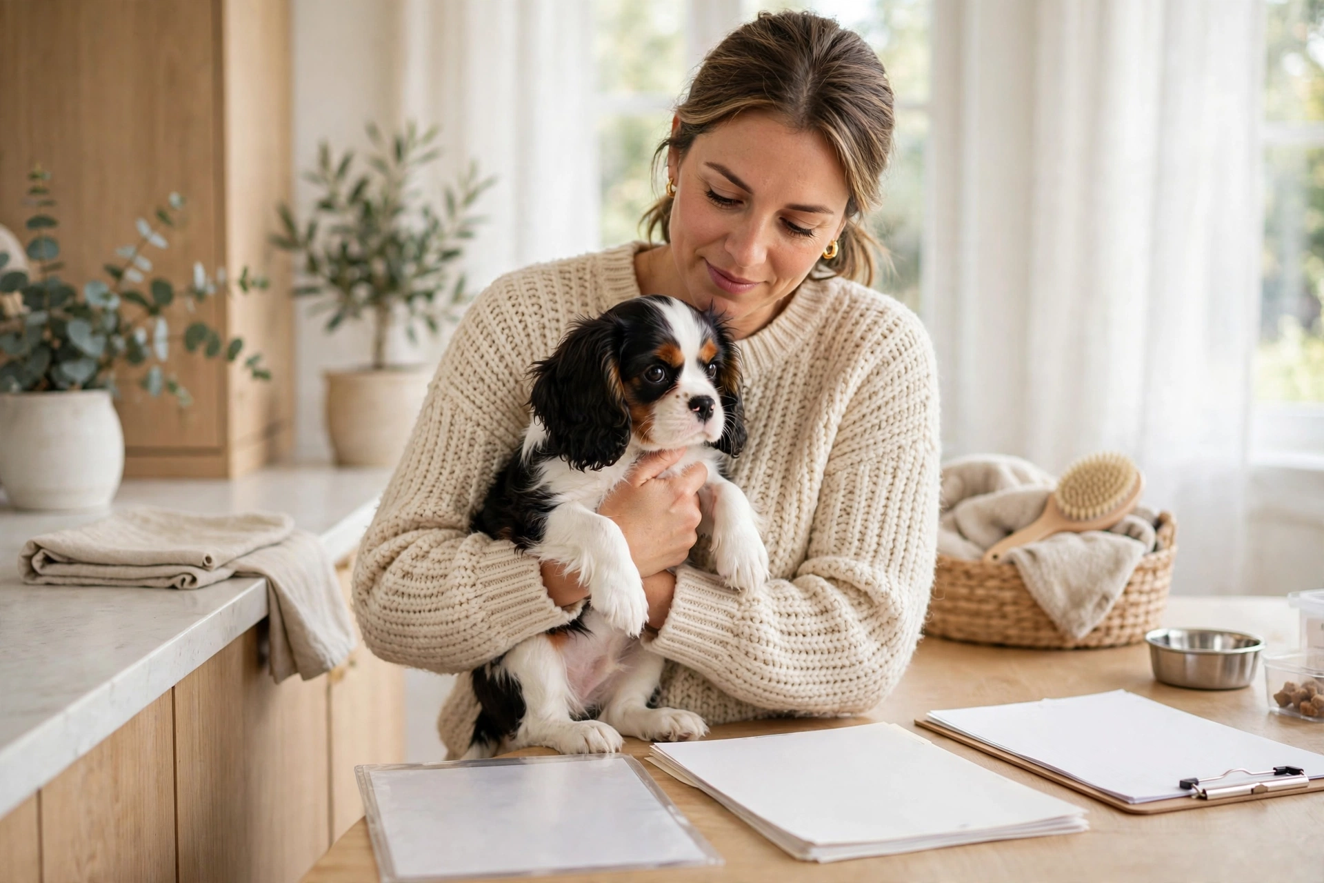 Responsible breeder in Maine holding a Cavalier King Charles Spaniel puppy in a clean, bright home setting