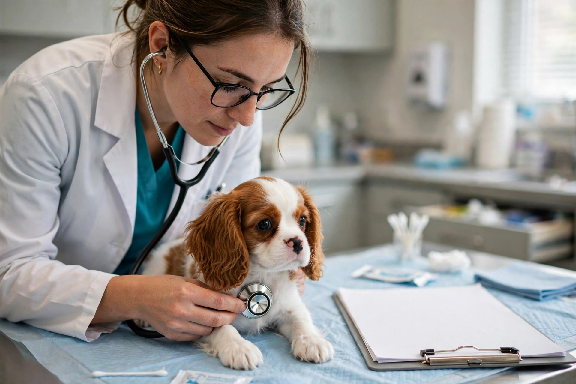 Veterinarian performing a heart examination on a small dog with a stethoscope while the breeder holds health test paperwork nearby