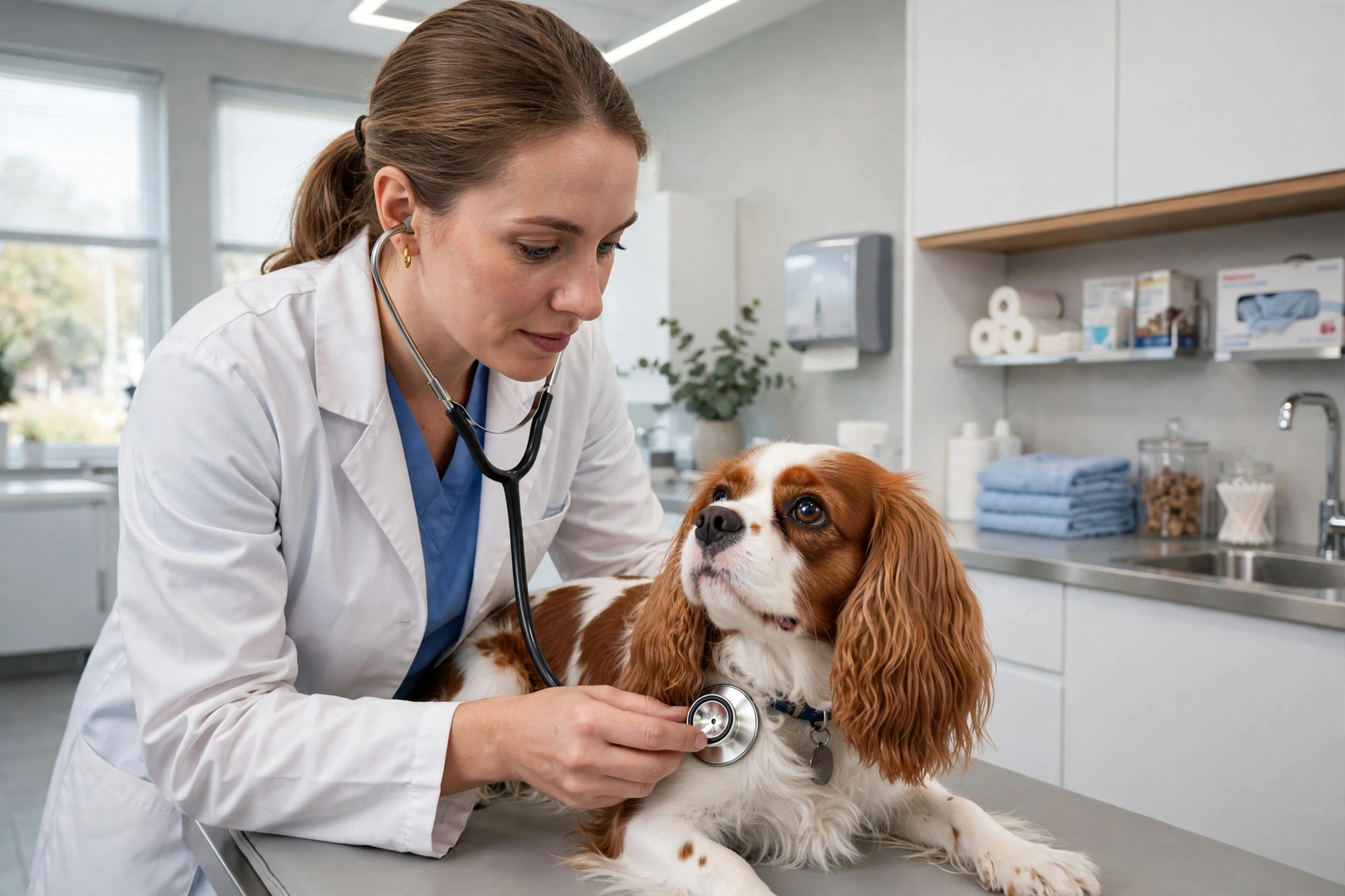Veterinarian examining a Cavalier King Charles Spaniel's heart with a stethoscope during a health screening