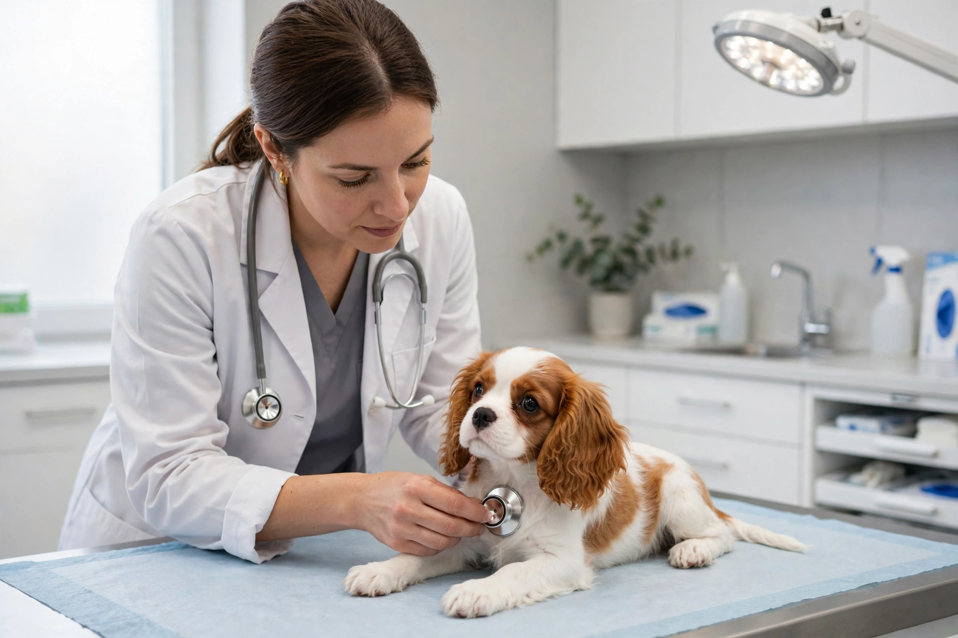 Veterinarian examining a Cavalier King Charles Spaniel puppy's heart with a stethoscope during a health check