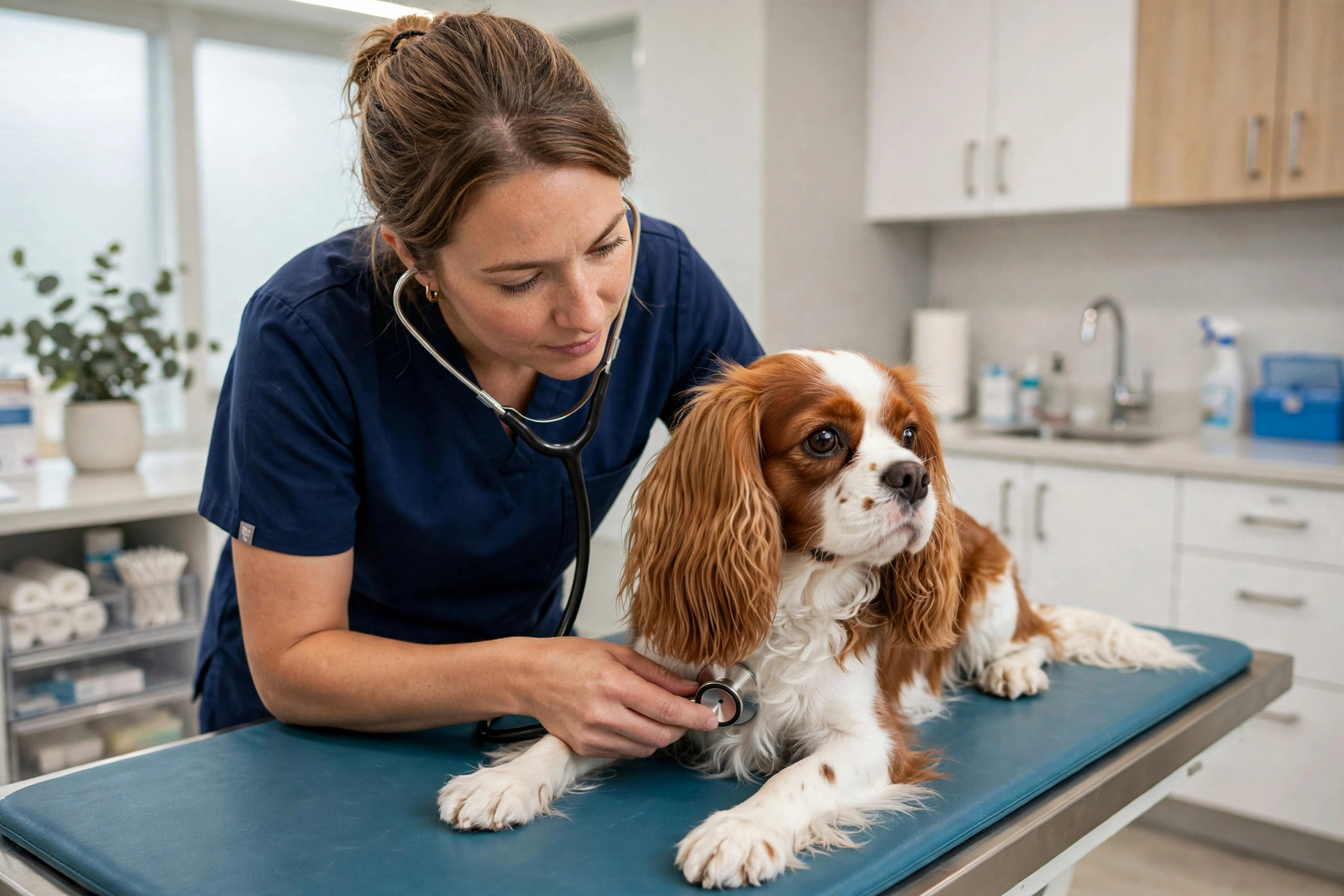 Veterinarian examining a Cavalier King Charles Spaniel's heart with a stethoscope in a bright clinic