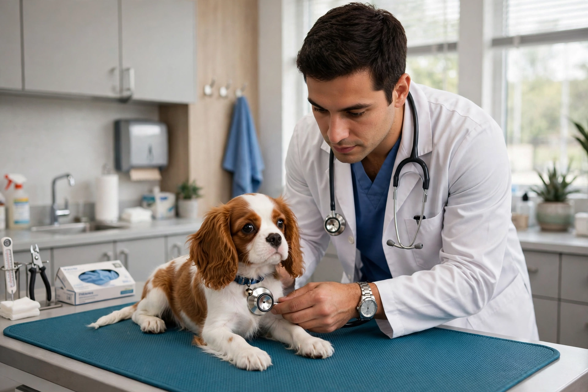 Veterinarian examining a Cavalier King Charles Spaniel puppy's heart with a stethoscope during a health check