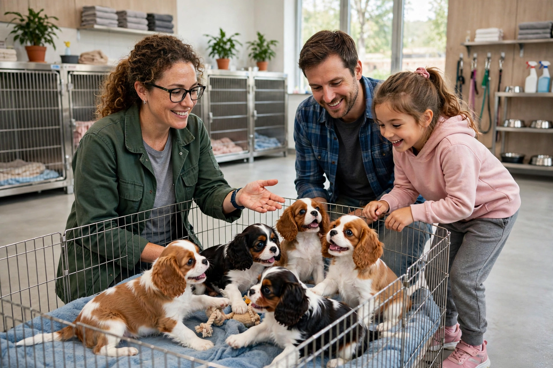 Family visiting a clean, reputable Cavalier King Charles Spaniel breeder's facility in Maryland