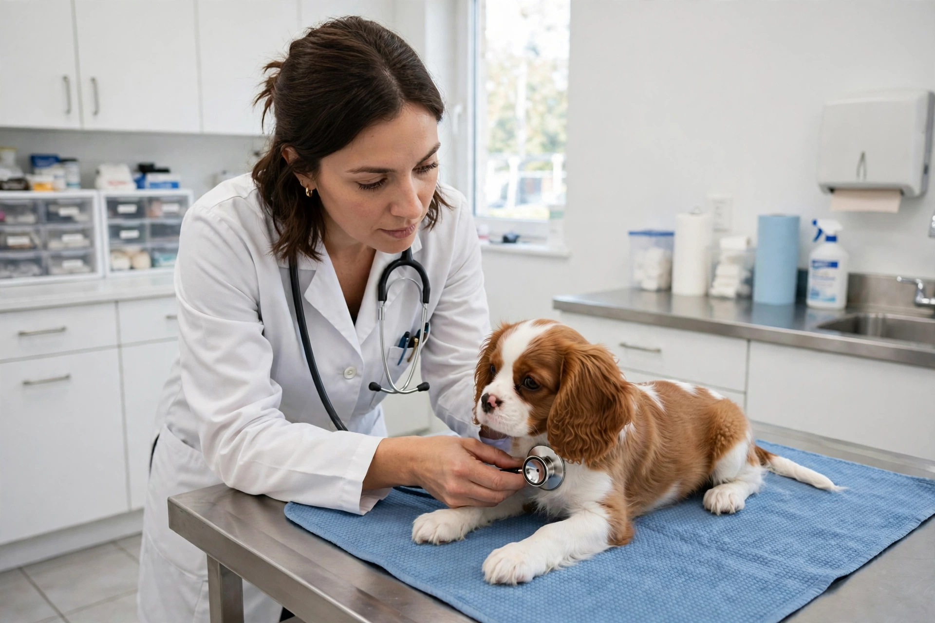 Veterinarian listening to a Cavalier King Charles Spaniel puppy's heart with a stethoscope in a bright clinic
