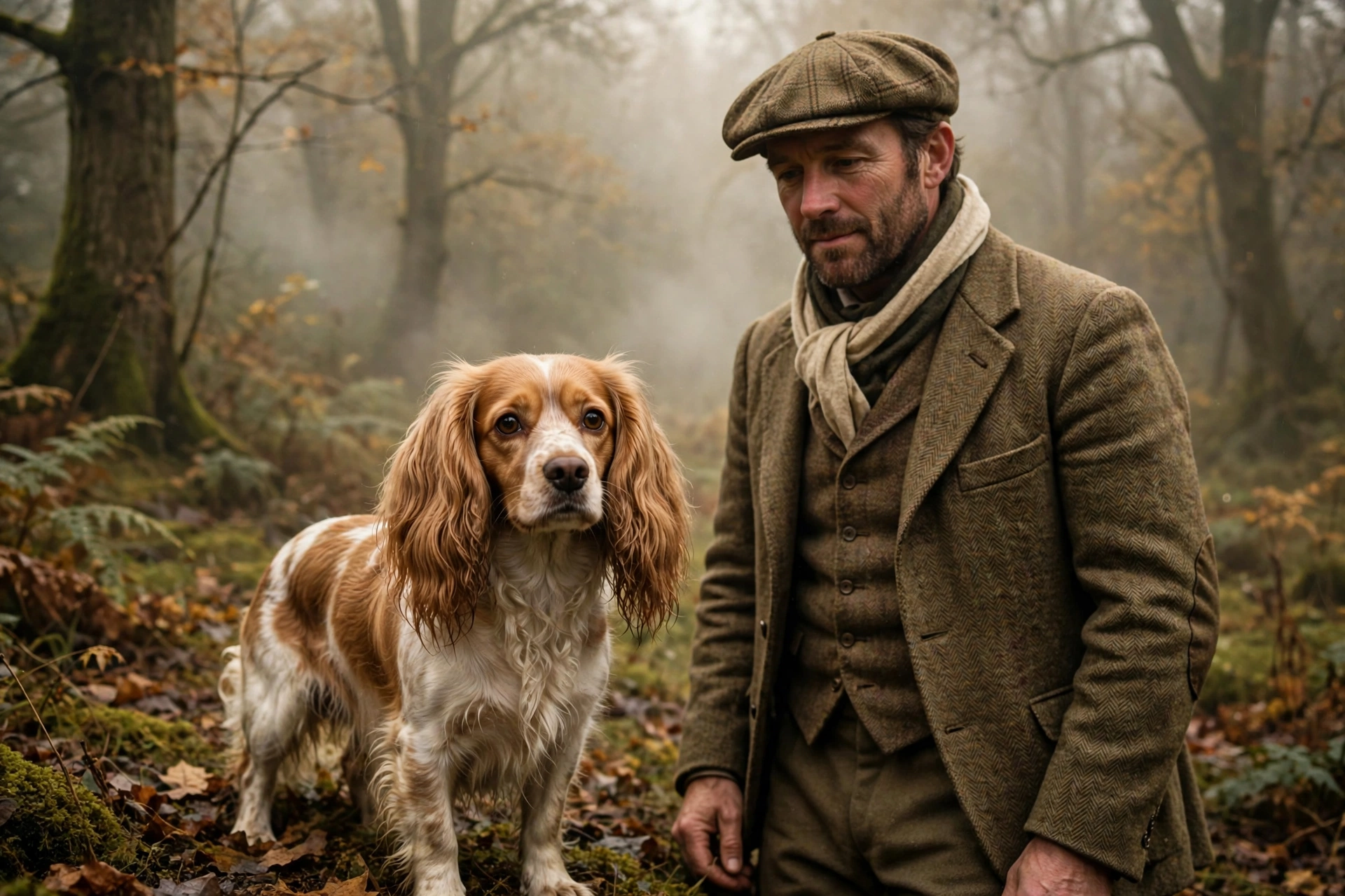 Small spaniel dog with long ears standing beside a hunter in a woodland clearing