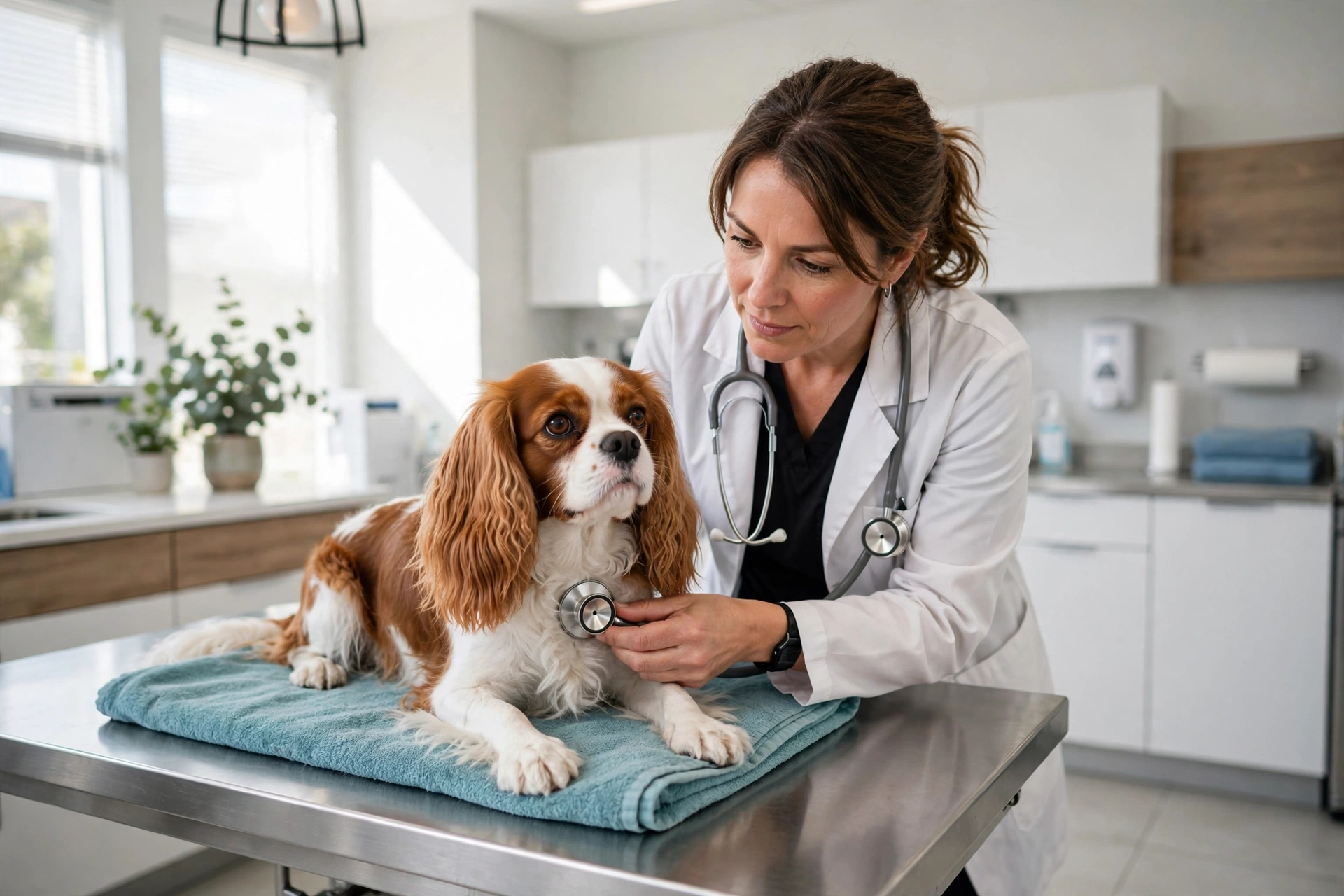 Veterinarian examining a Cavalier King Charles Spaniel on an exam table