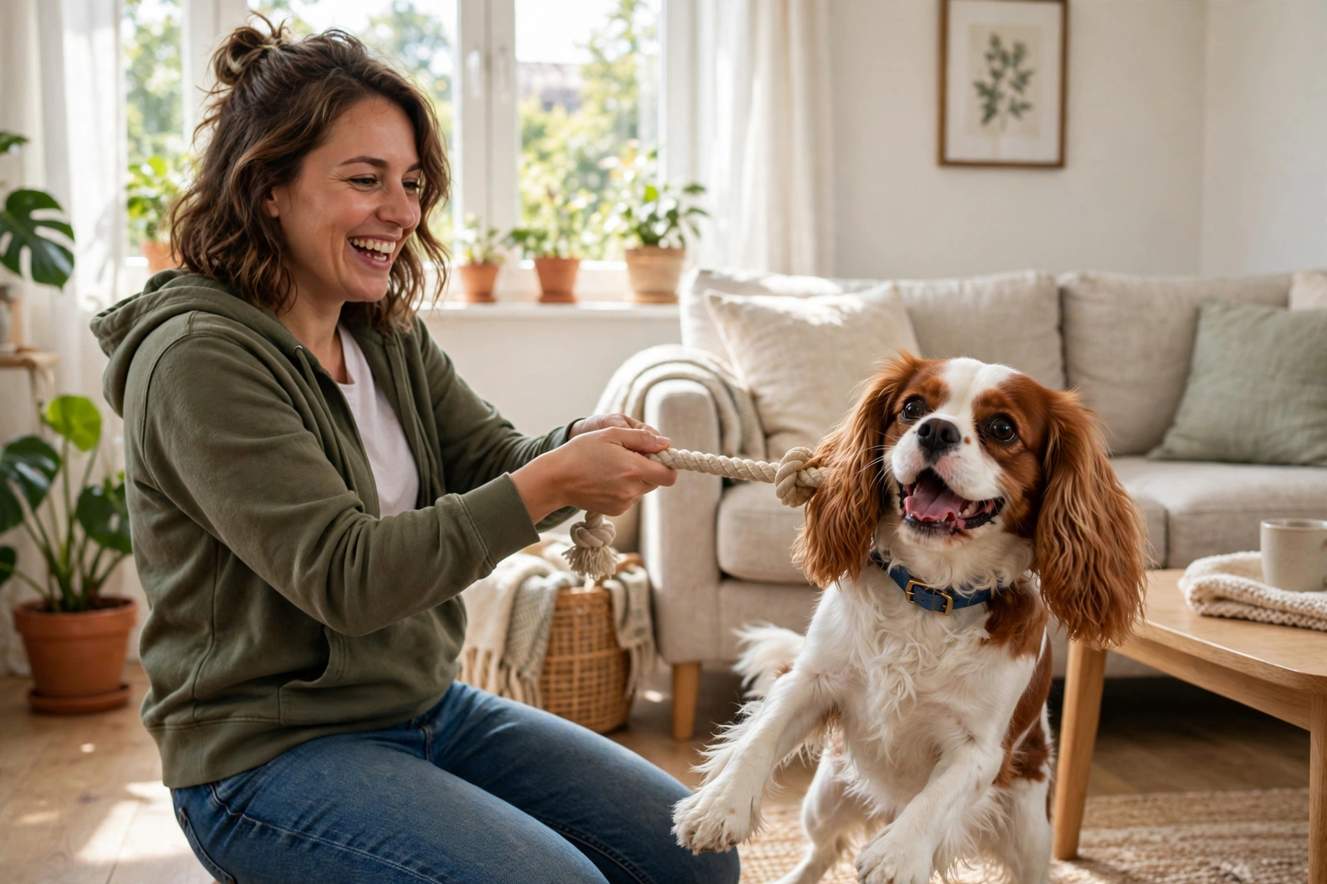 Cavalier King Charles Spaniel playing tug of war with a rope toy