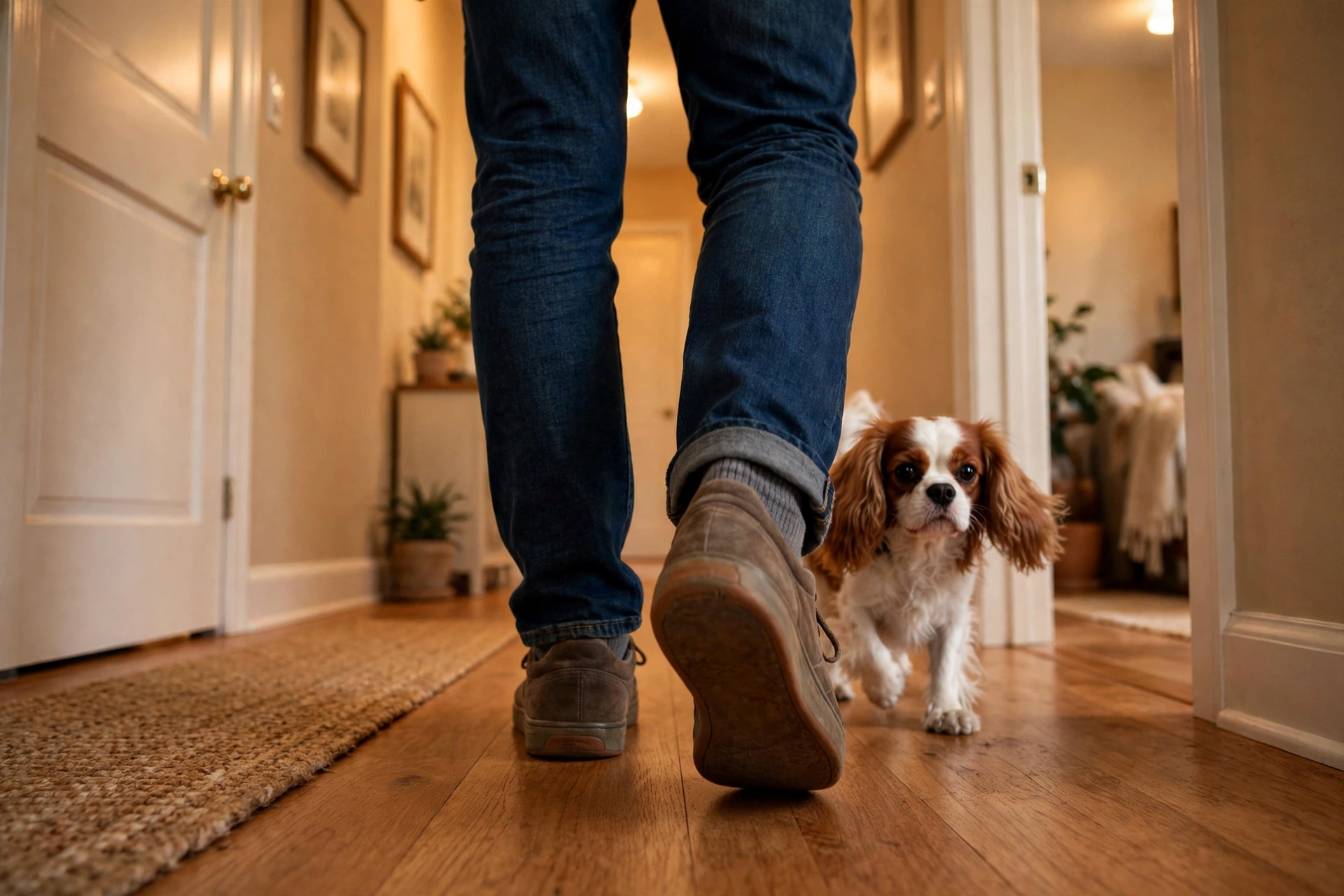 Cavalier King Charles Spaniel following its owner down a hallway