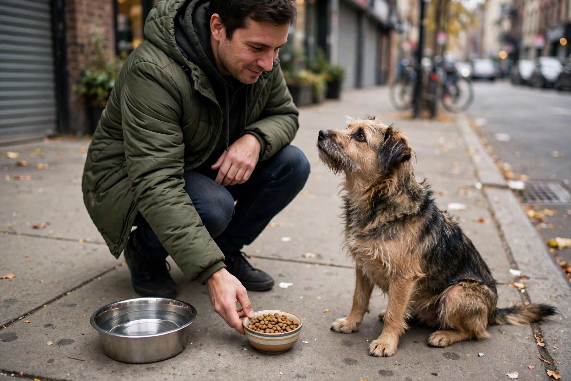 Person offering food and water to a stray dog on the sidewalk