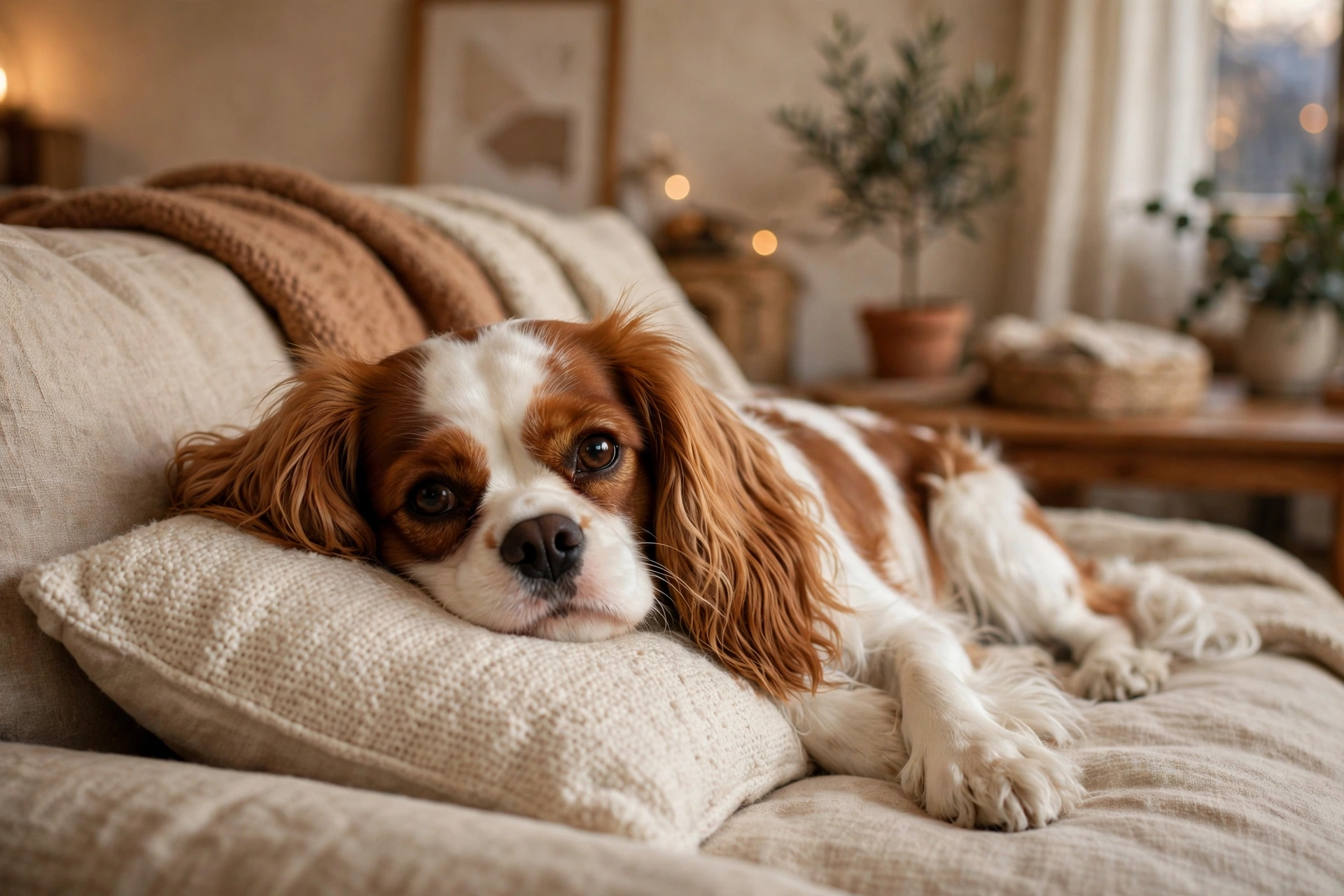 Cavalier King Charles Spaniel resting on a sofa