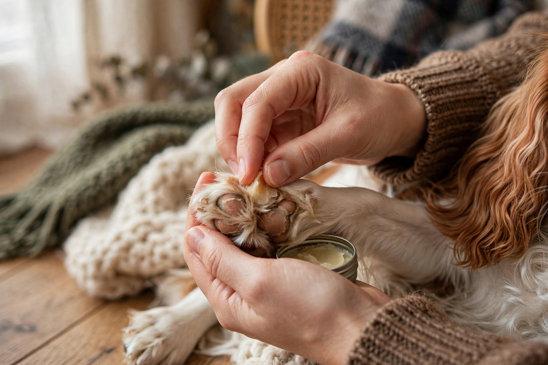 Owner applying paw balm to a Cavalier King Charles Spaniel's paw before a winter walk
