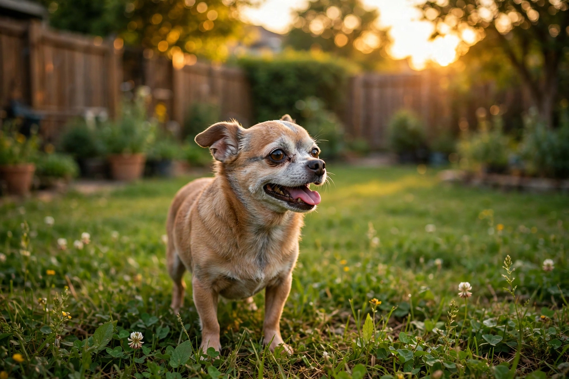 Senior Chihuahua with a gray muzzle standing in a sunny backyard