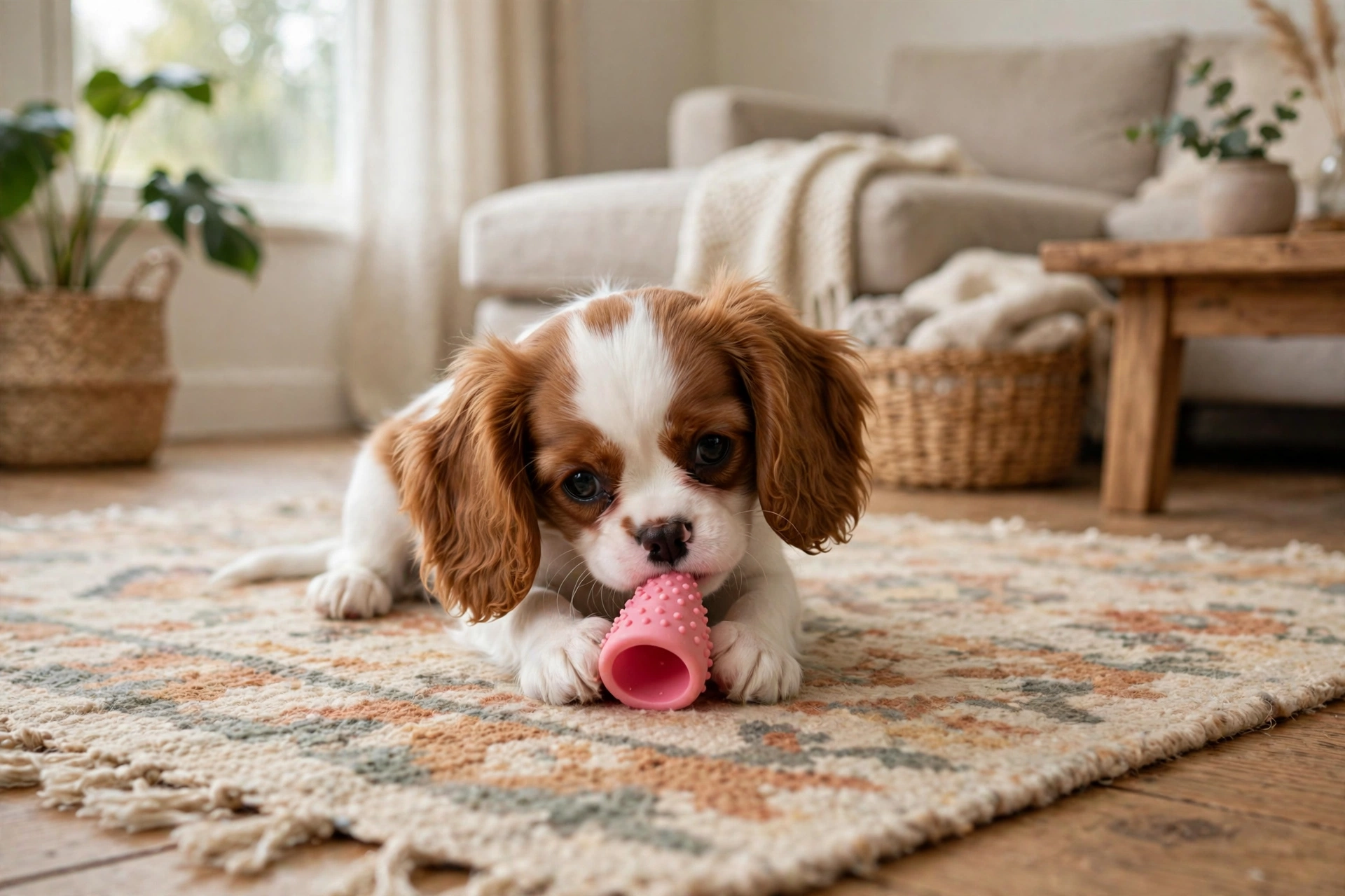 Cavalier King Charles Spaniel puppy chewing a small pink KONG Puppy rubber toy on a rug