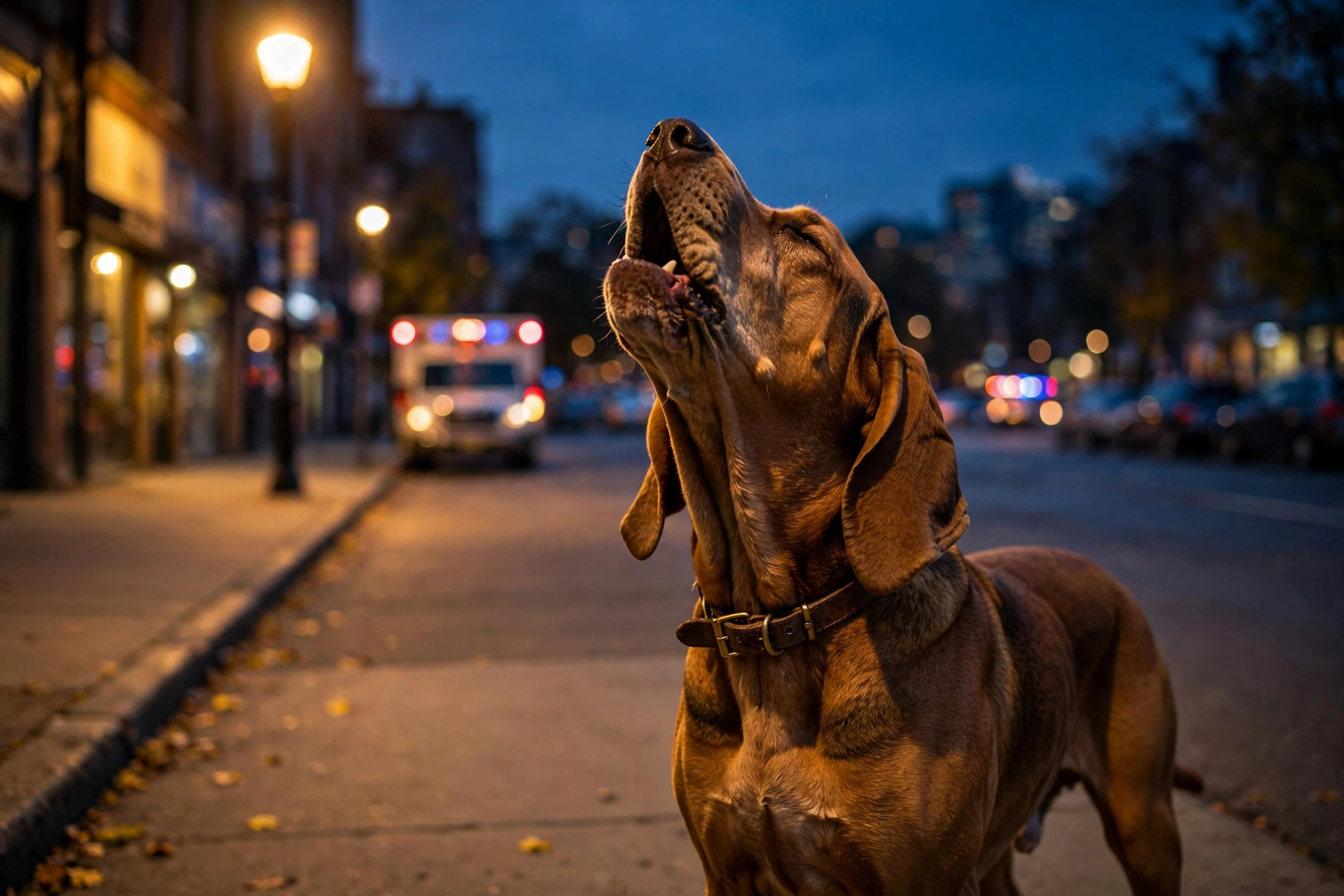 Hound dog howling in response to a distant ambulance siren at dusk