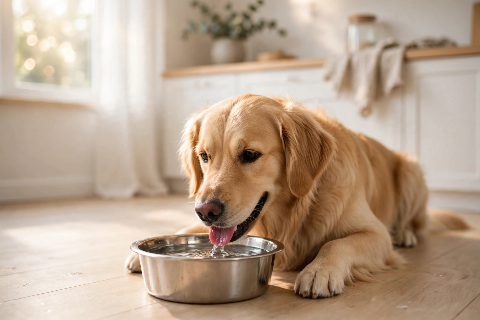 Golden retriever drinking fresh water from a stainless steel bowl