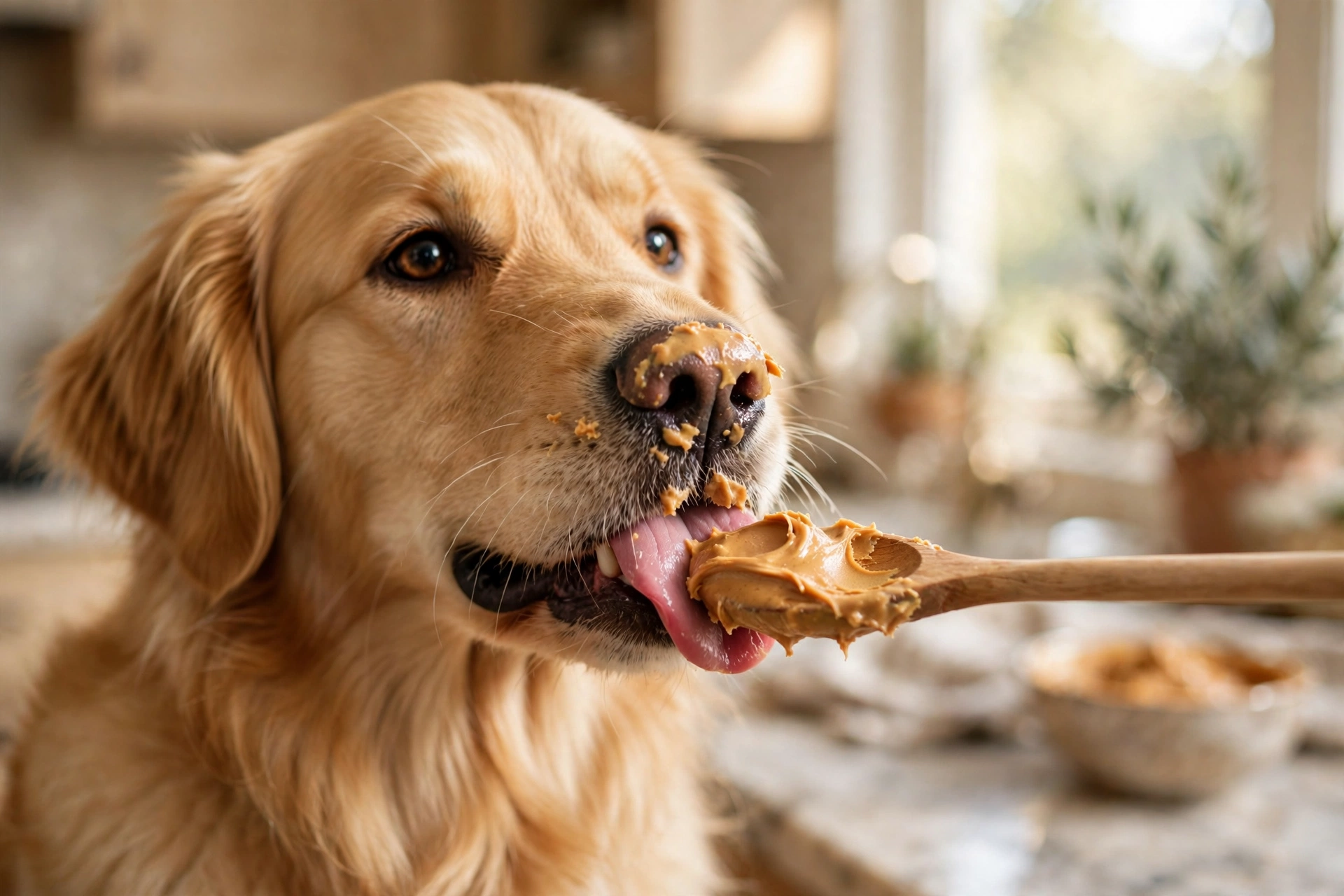 Golden retriever happily licking peanut butter from a wooden spoon in a kitchen