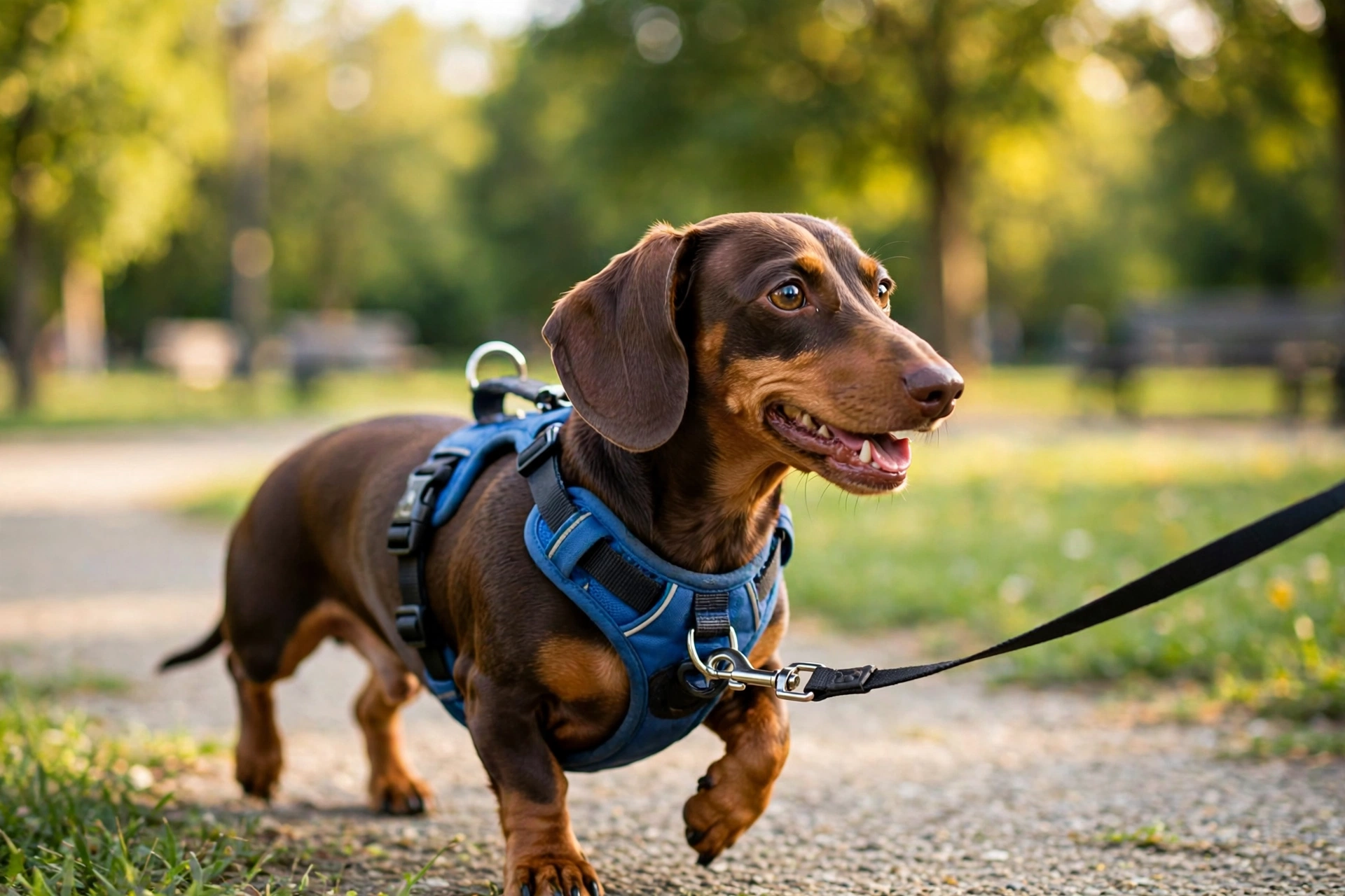 Small dog wearing a rabbitgoo no-pull harness with front and back leash attachments