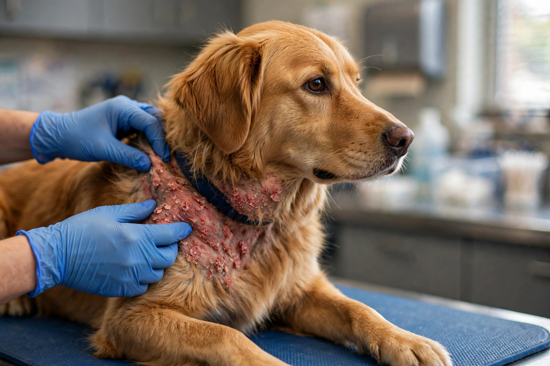 Dog with itchy skin being examined by veterinarian for yeast infection