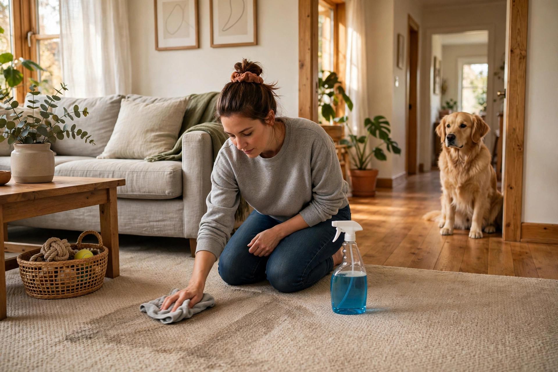 Owner cleaning a carpet urine spot with an enzymatic pet stain cleaner