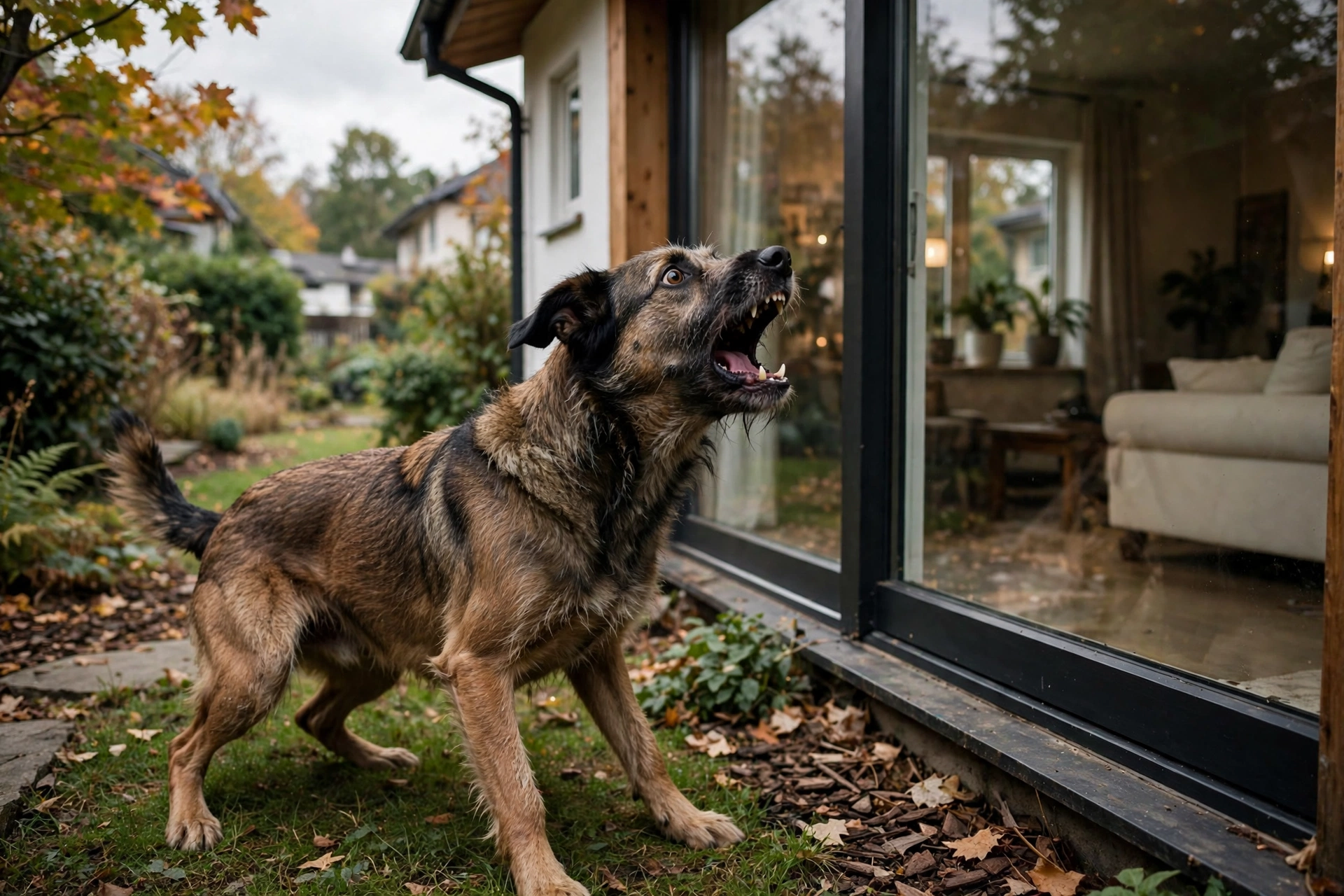 Dog barking anxiously at a window