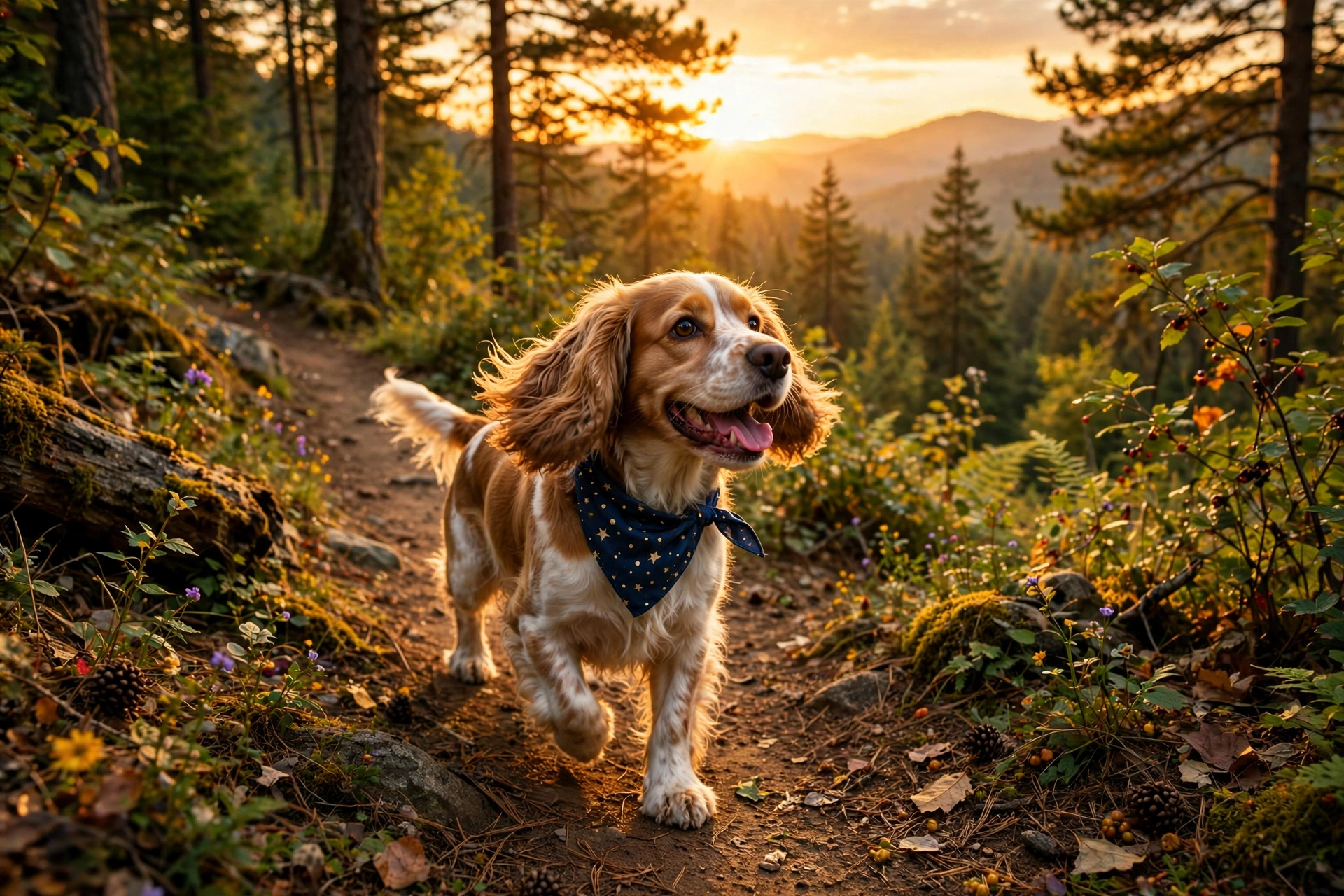 Dog exploring a scenic forest trail at sunset on a birthday walk