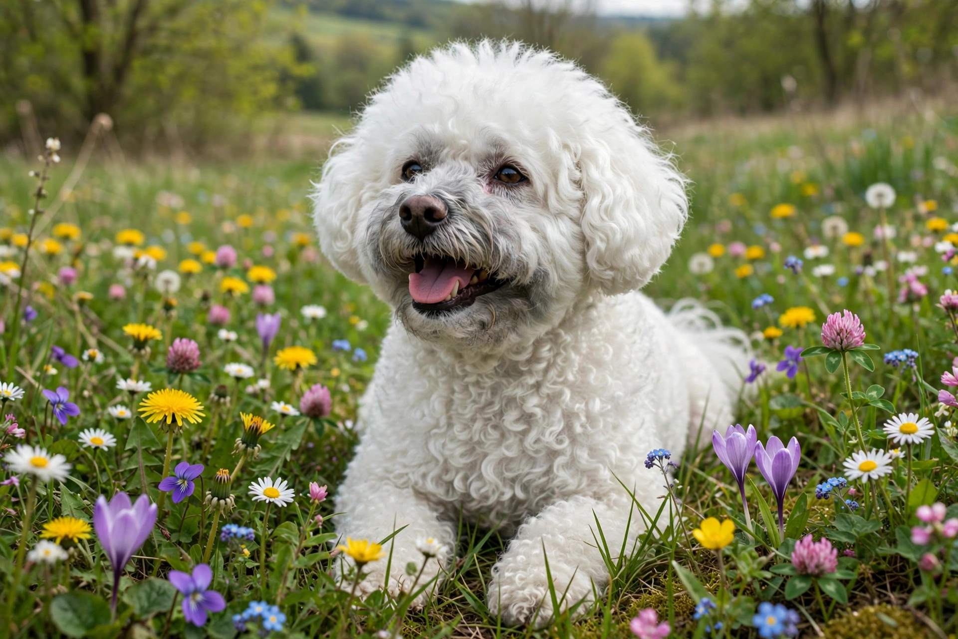 Senior Bichon Frise with a gray muzzle sitting among spring flowers