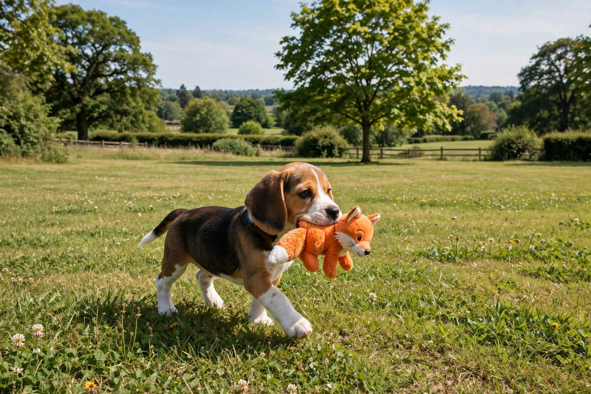 Beagle puppy carrying a small orange plush fox squeaky dog toy on a lawn