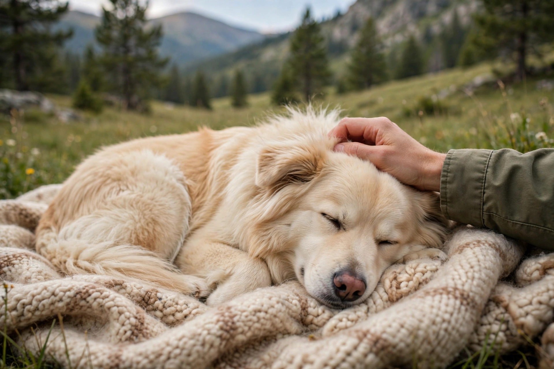 Relaxed dog sleeping peacefully while being petted by its owner