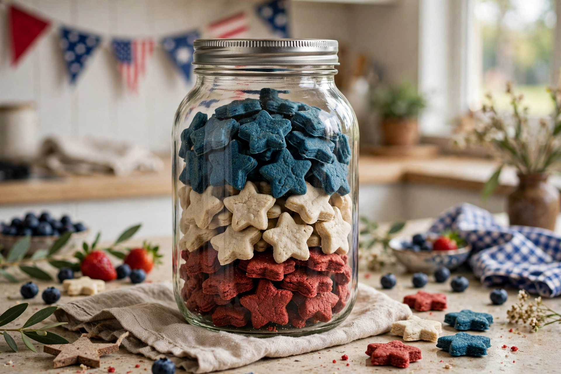 Glass treat jar layered with red white and blue homemade dog treats