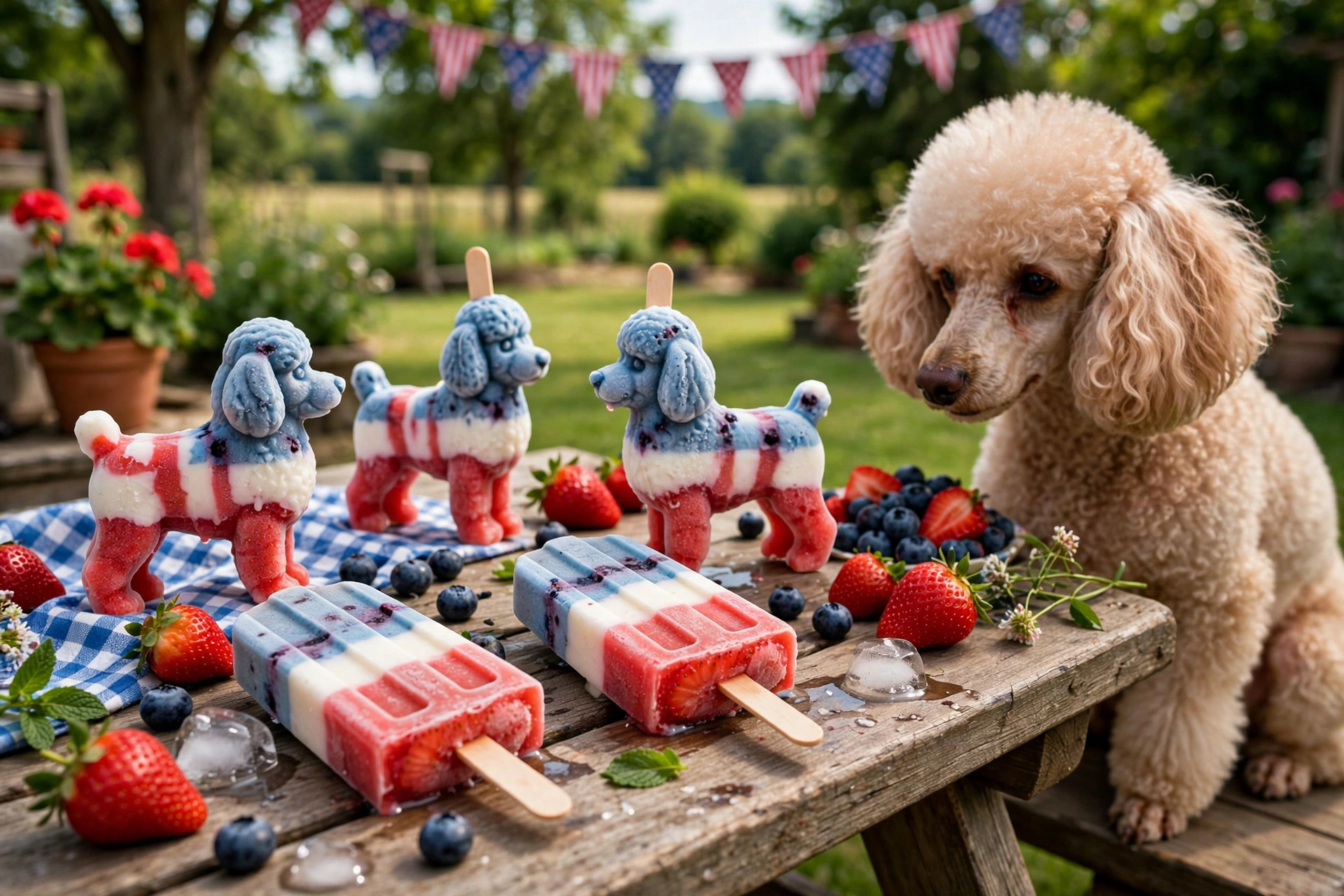 Red white and blue layered berry dog popsicles on a picnic table