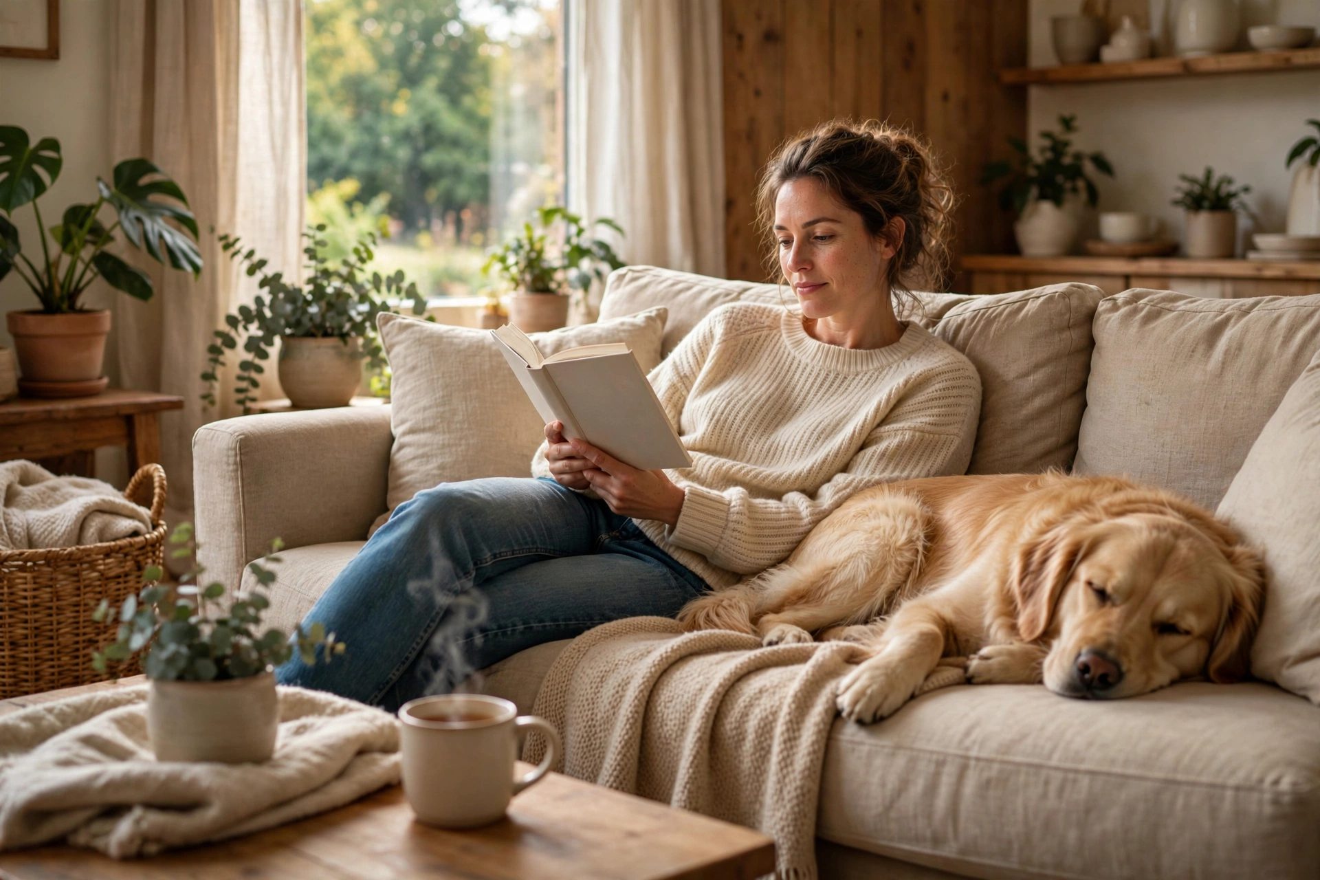 Dog lying calmly and relaxed beside its owner reading on a couch