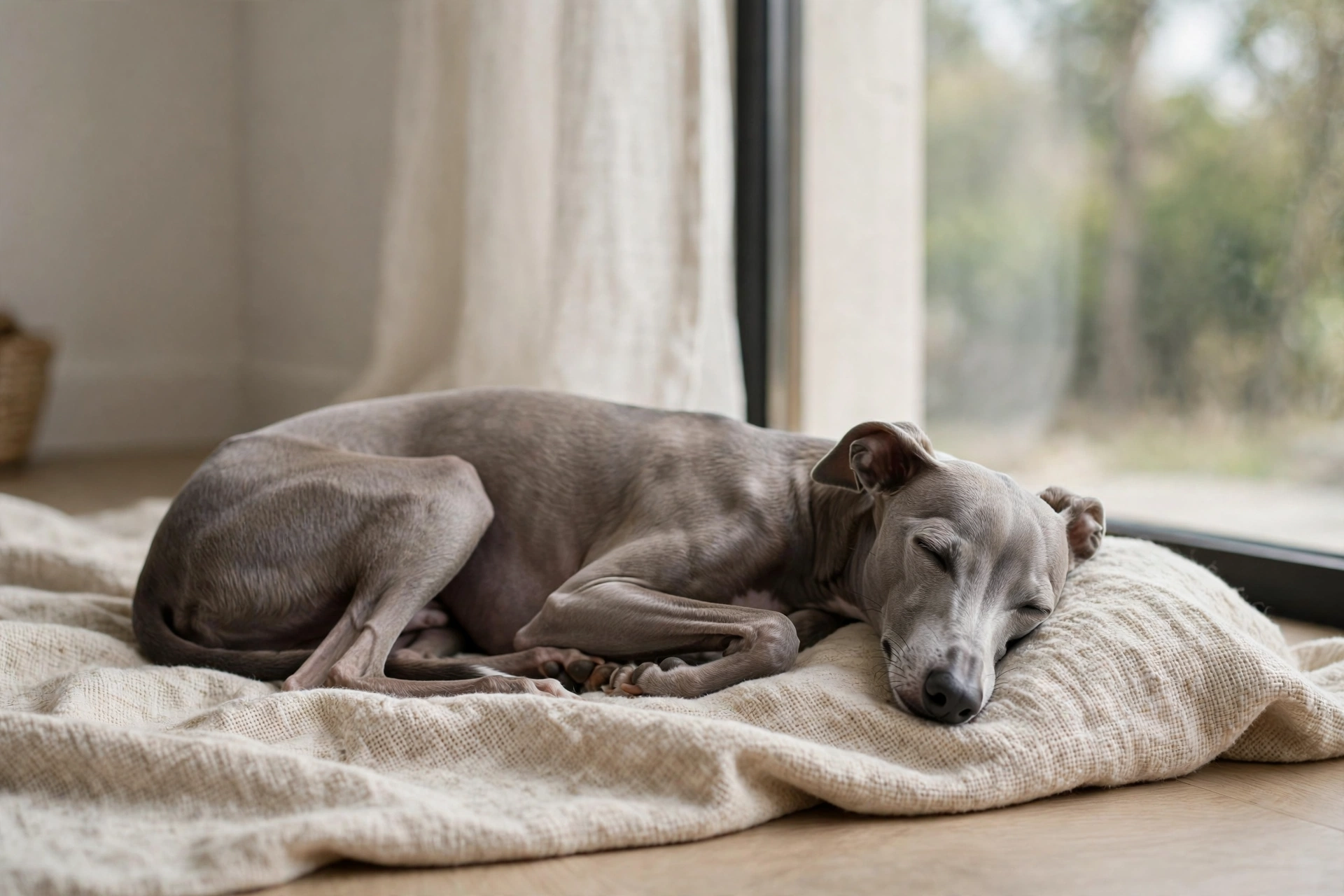 Gray Italian Greyhound resting gracefully by a window