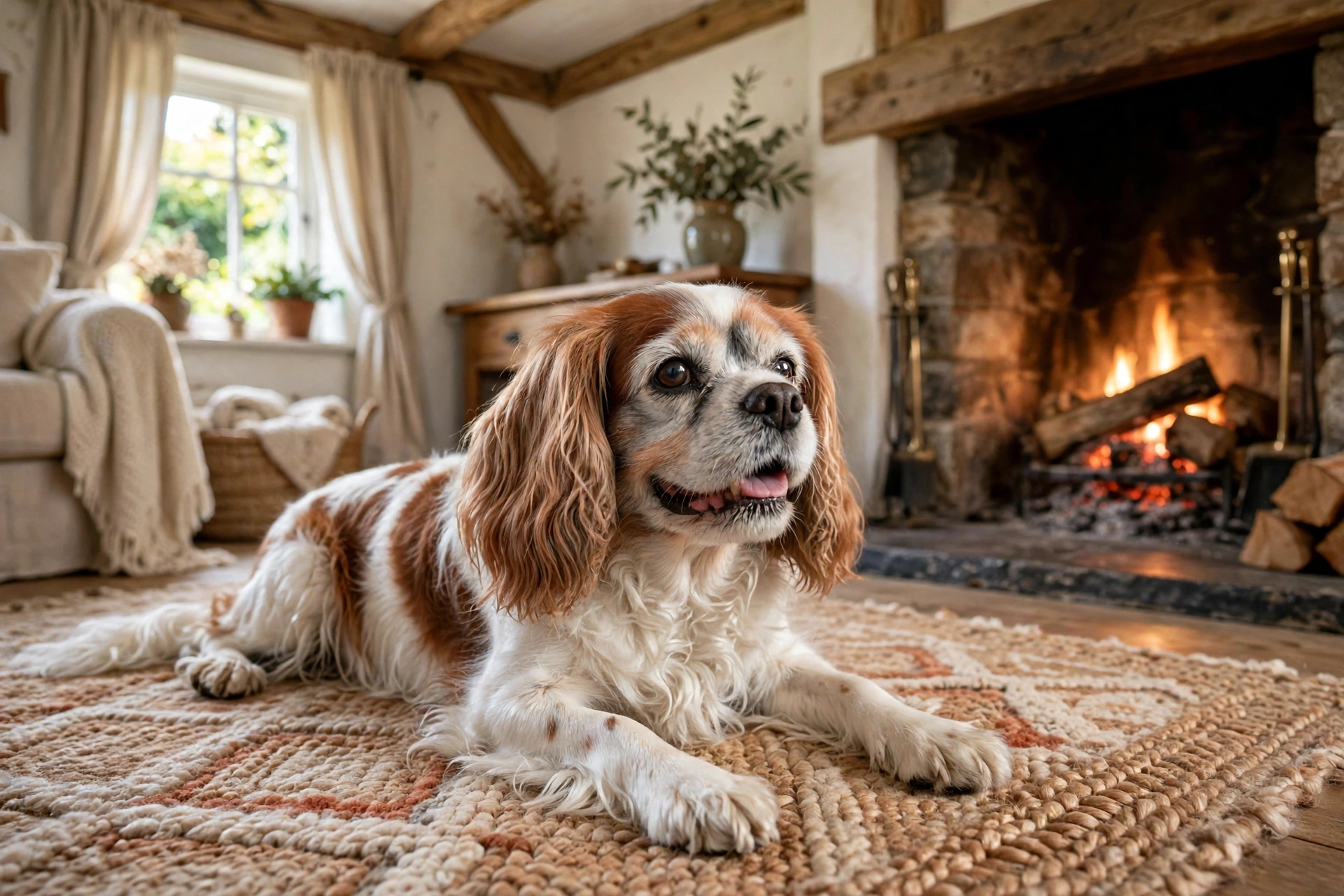 Senior Cavalier King Charles Spaniel with a gray muzzle resting in a cottage living room