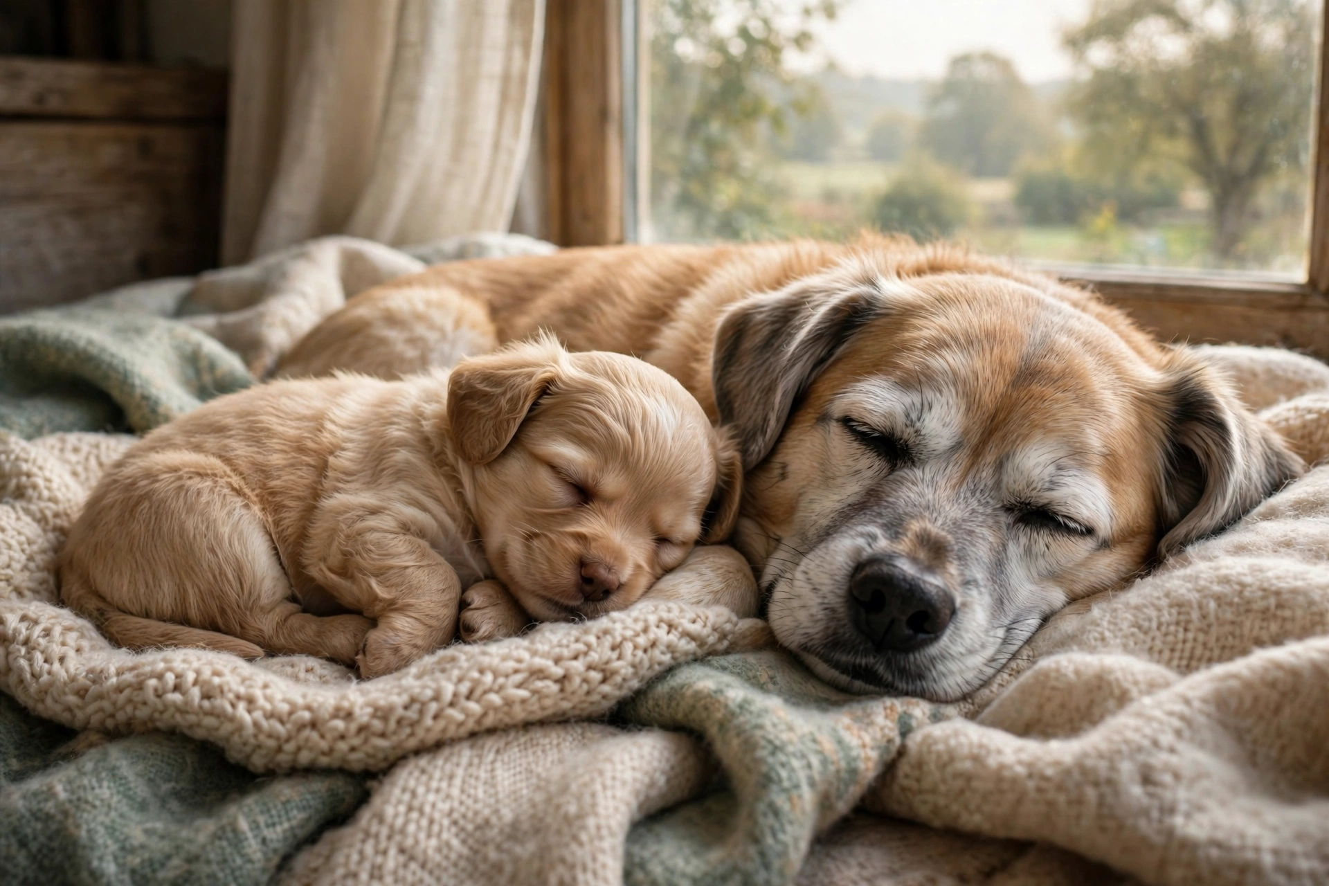 Sleeping puppy and senior dog dreaming side by side